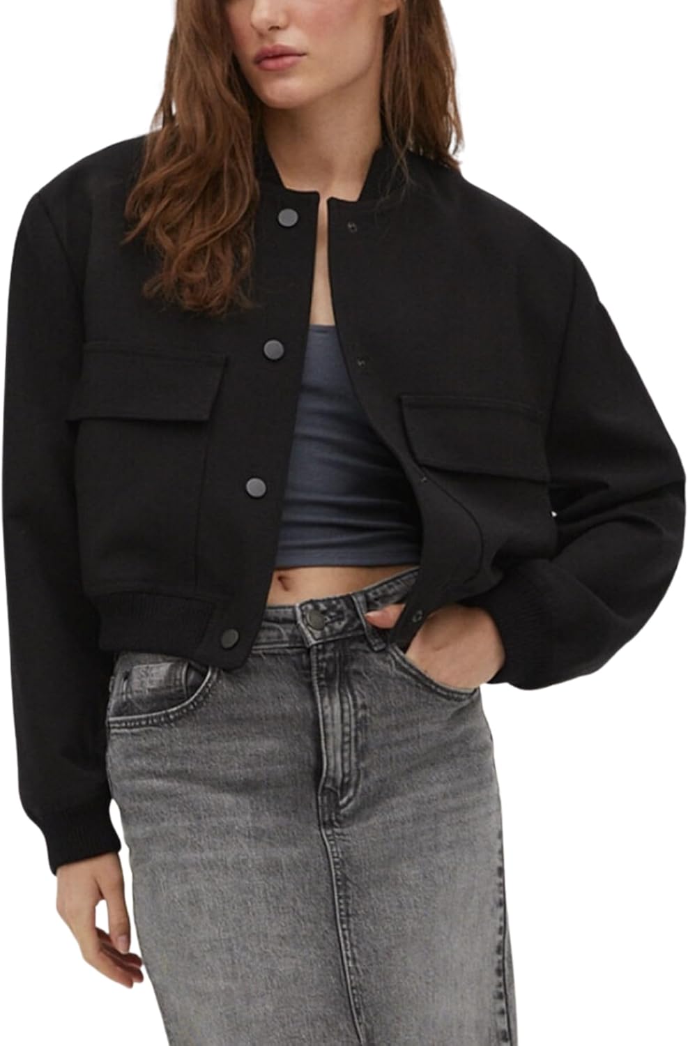 Women's Cropped Bomber Jacket Button Down Stand Collar Varsity Coats Outerwears with Pockets
