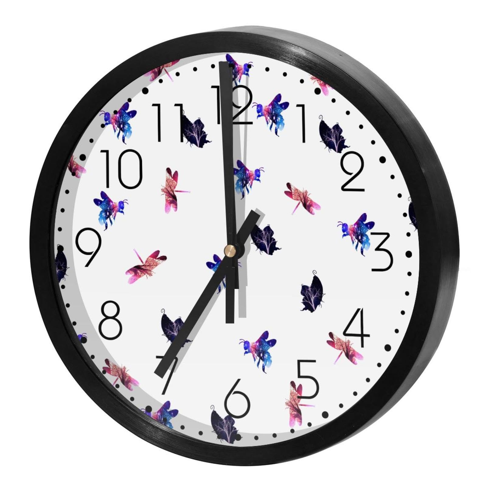 Horloge murale sans tic-tac à quartz ronde avec illustration de papillon pour école et salon