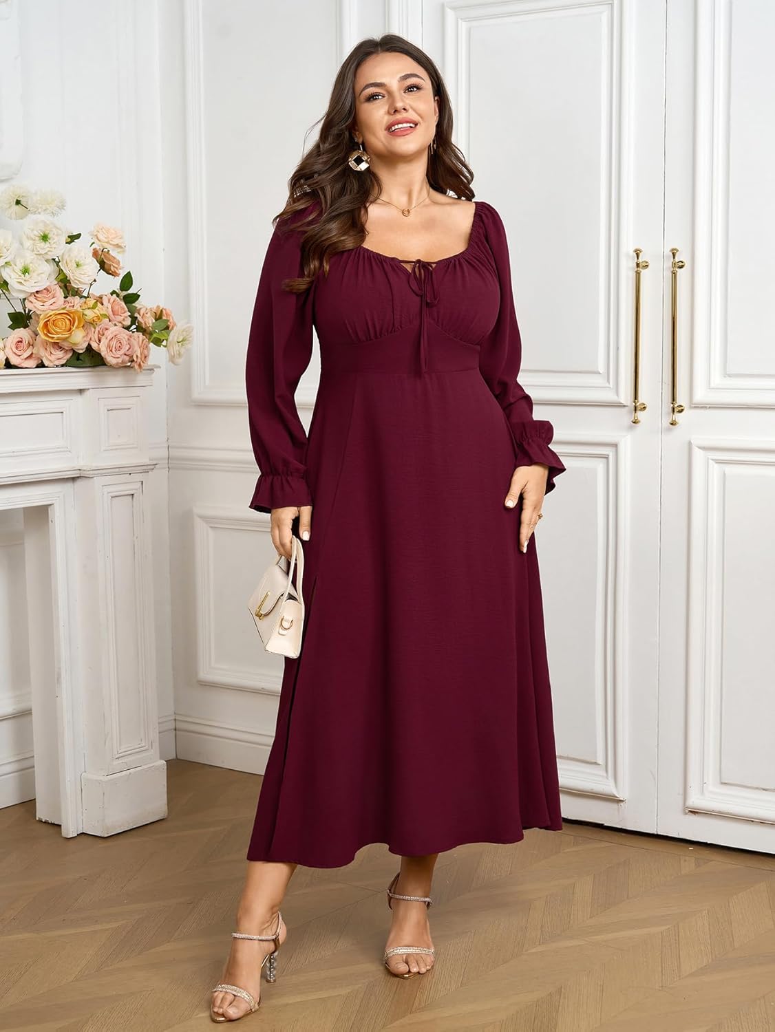 Women's Plus Size Milkmaid Dress Long Sleeve Square Neck Dress A-Line Flowy Maxi Wedding Guest Cocktail Formal Dresses - Image 4