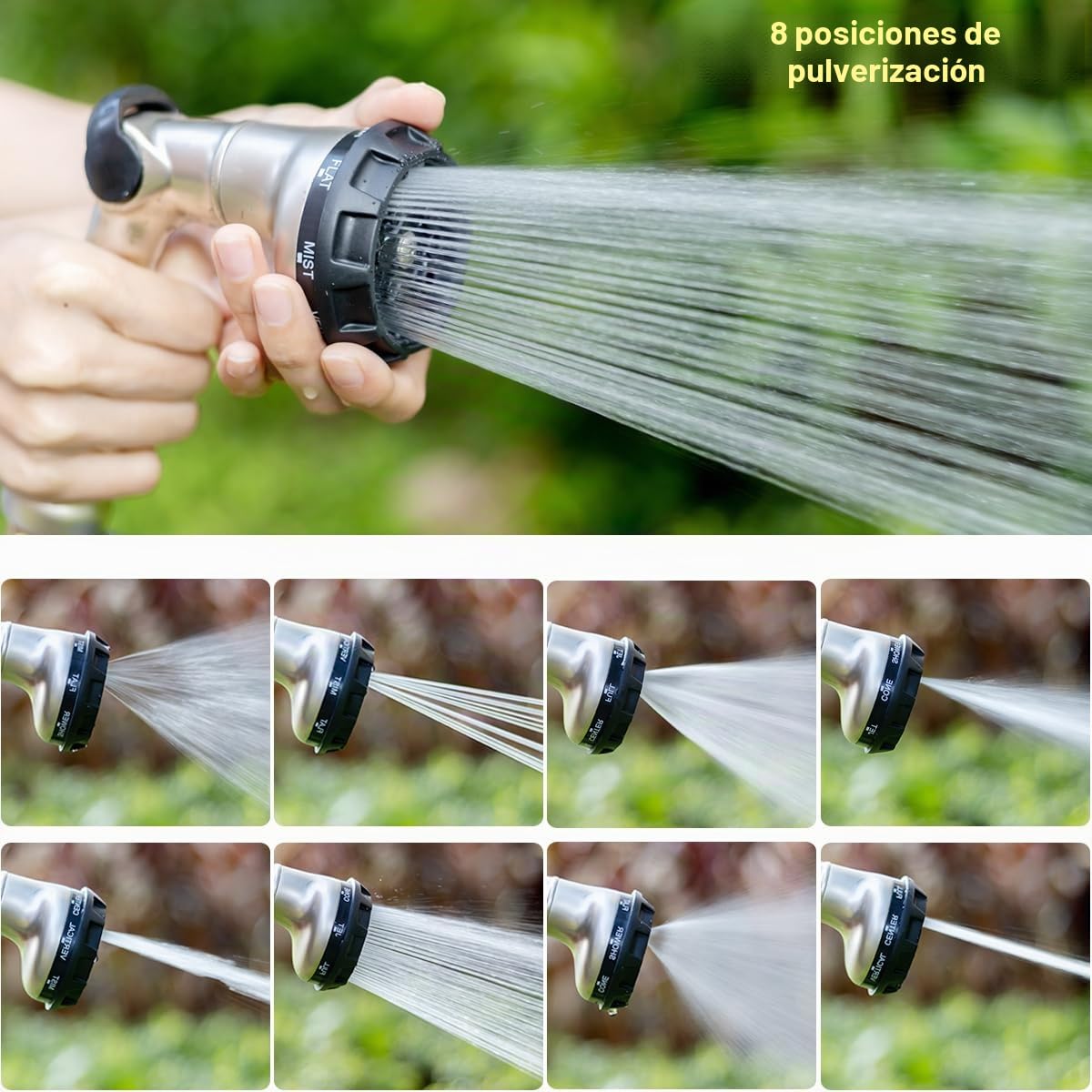 FANHAO Profesional Pistola de Riego, Pistola de Agua para Jardín, 8 Modos Ajustables, Pistola de Manguera con Interruptor de Pulgar para Riego de Césped, Lavado de coches y mascotas