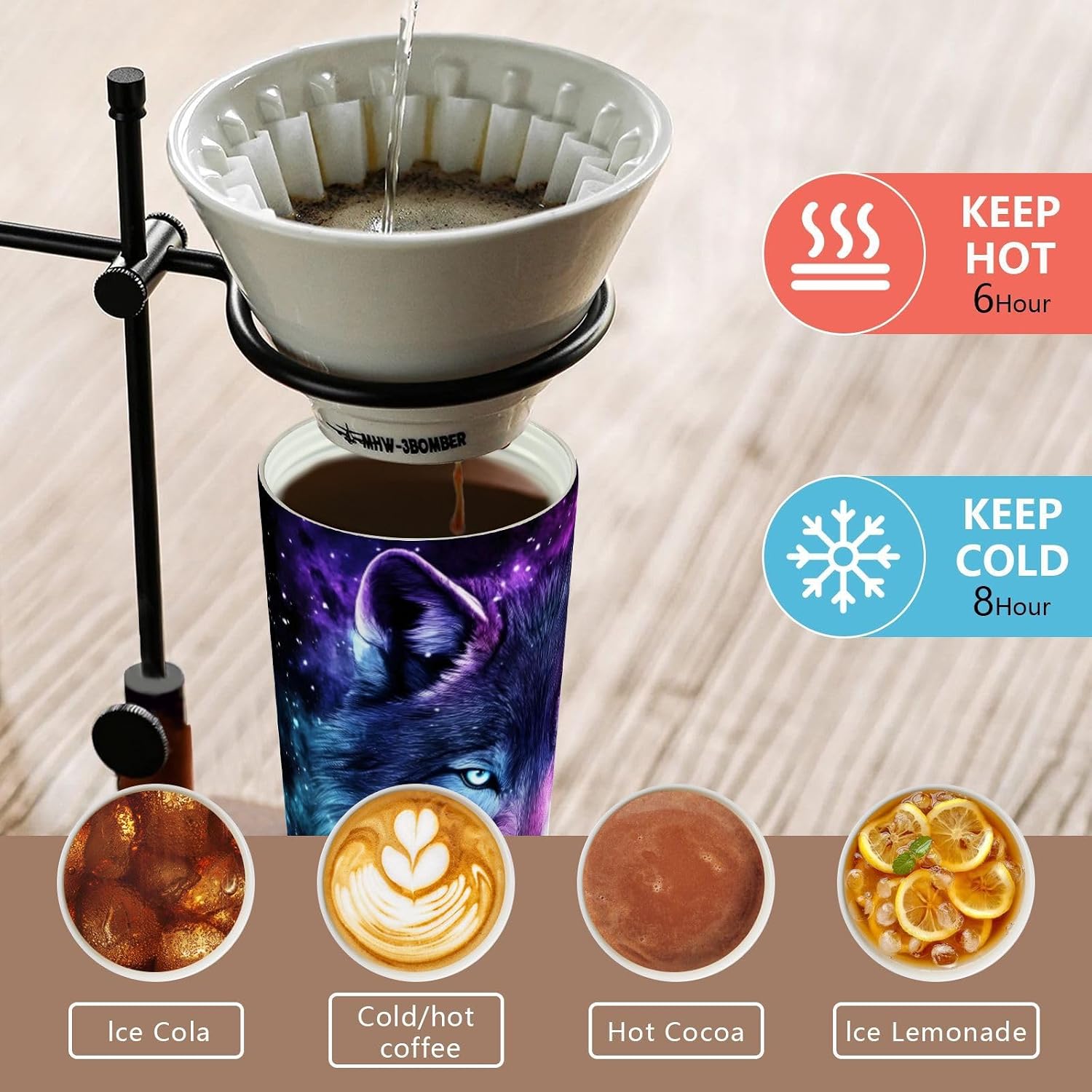 Wolf Portrait Galaxy Insulated Coffee Mug with Straw & Flip Lid, 16.9oz Iced Tumbler Cup, Double Wall Vacuum Mug for Travel Office