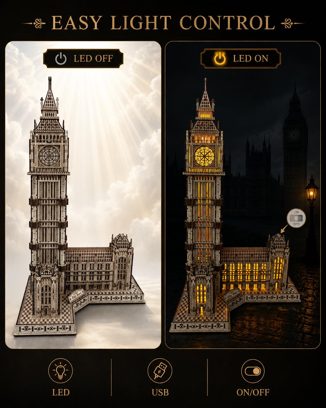 3D Holzpuzzle für Erwachsene, Big Ben Architekturmodell mit LED | Detailreiches Wahrzeichen Londons, warme LED-Beleuchtung, 595 Bauteile, dekoratives Holzmodell, Geschenkidee