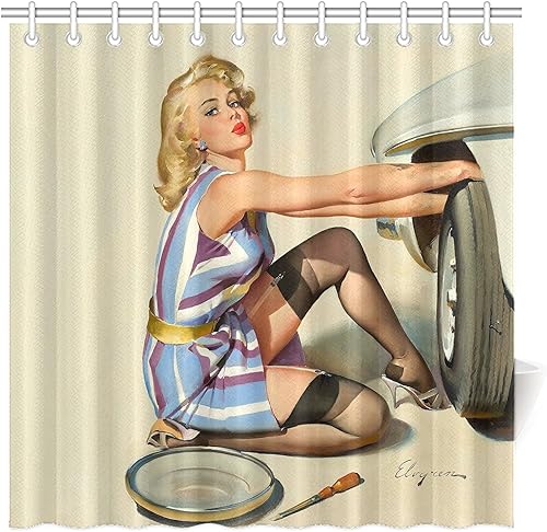 FUNNY KIDS' HOME Retro Pin Up Girl - Cortinas de ducha para baño, pintura al óleo, arte de lienzo, decoración de baño, dama sexy, reparar un