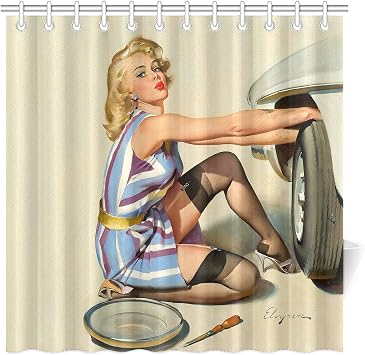 FUNNY KIDS HOME Retro Pin up Girl Shower Curtains for Bathroom Oil Painting Art Canvas Style Bathroom Decor Sexy Lady Repairing a Car Waterproof Polyester 72w x72h