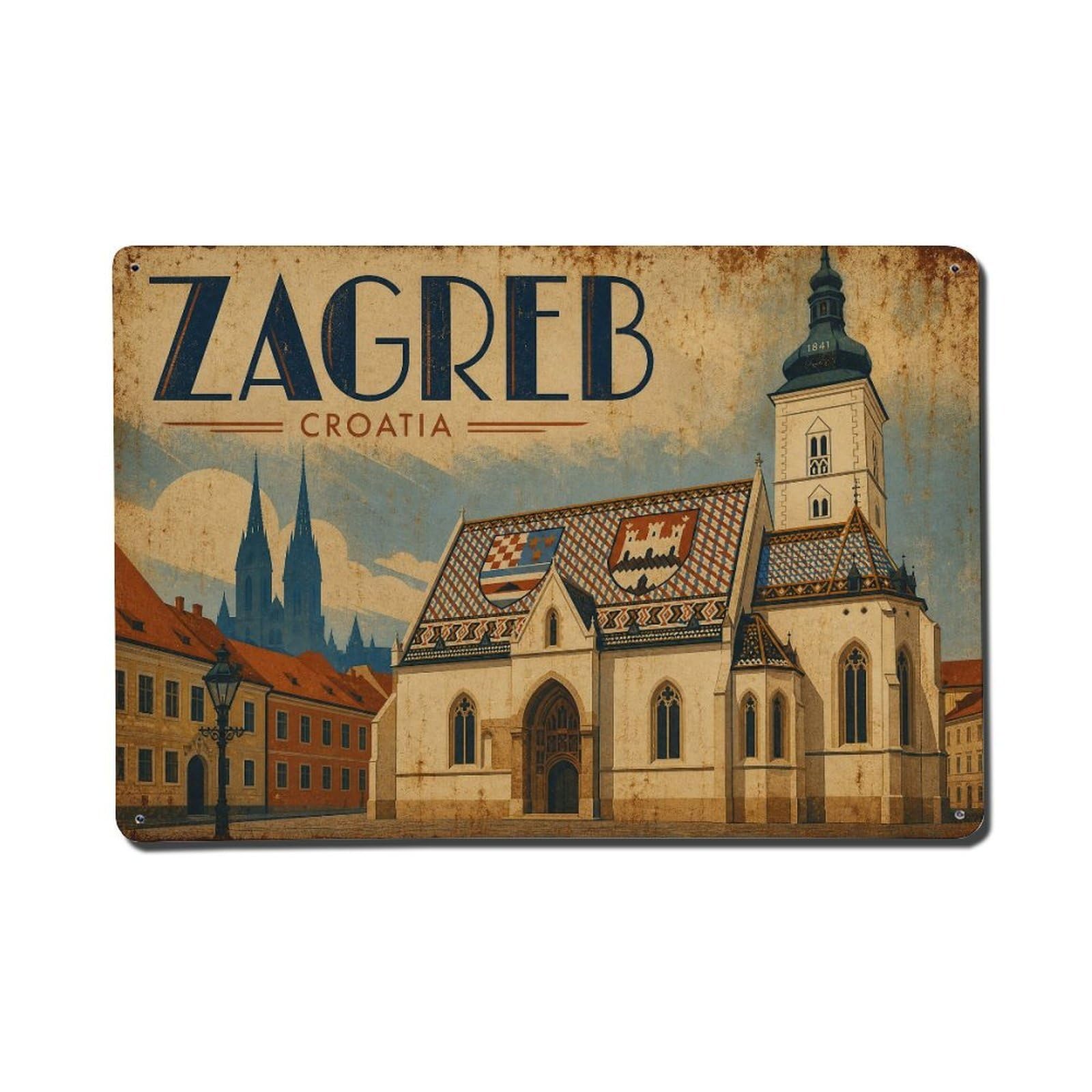 Travel Retro Croatia Zagreb Metal Tin Sign Plaque Wall Decor for Cafe, Club Bar, Office, Garden Metal Poster 8x12Inch