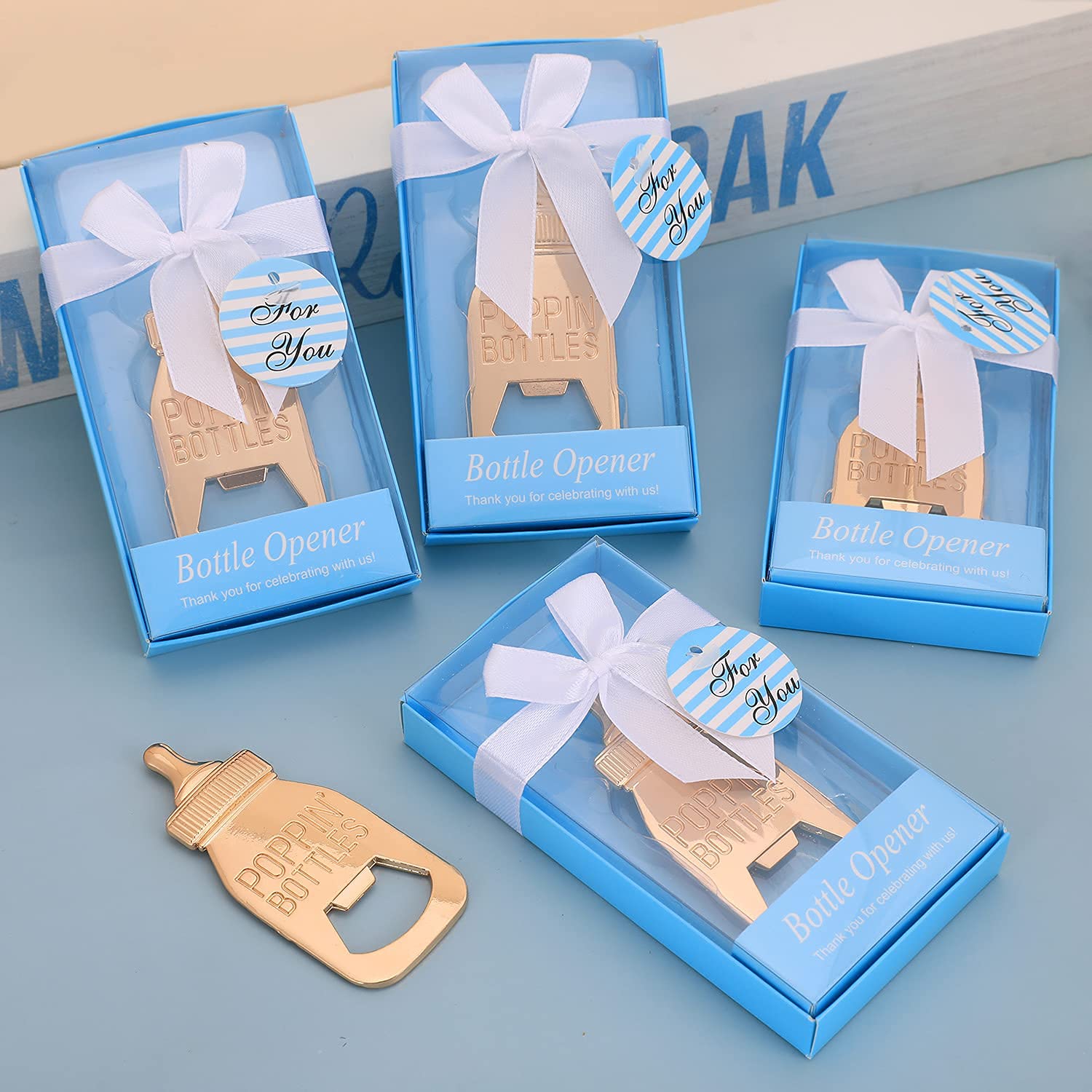Flaschenöffner für Babypartys, Gastgeschenk für Gäste, niedlicher Flaschenöffner in Poppin-Form, Gastgeschenke für Babyparty, Souvenirzubehör und Dekorationen für Jungen oder Mädchen (echtes Blau, 6)