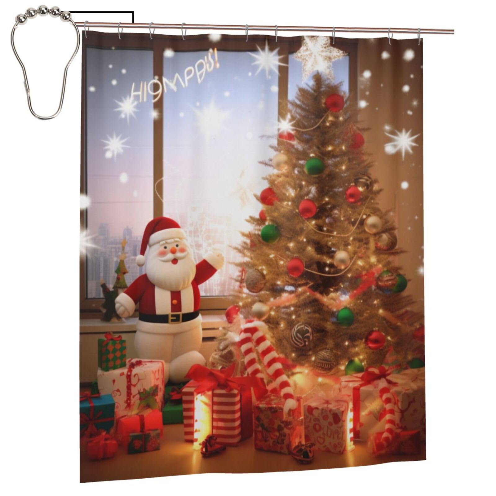 BWWHCCTI Happy Christmas Printed Shower Curtain With 12 Iron Hooks Opaque Quick Drying Waterproof Shower Curtains Sets For Bathroom 152x183 Cm