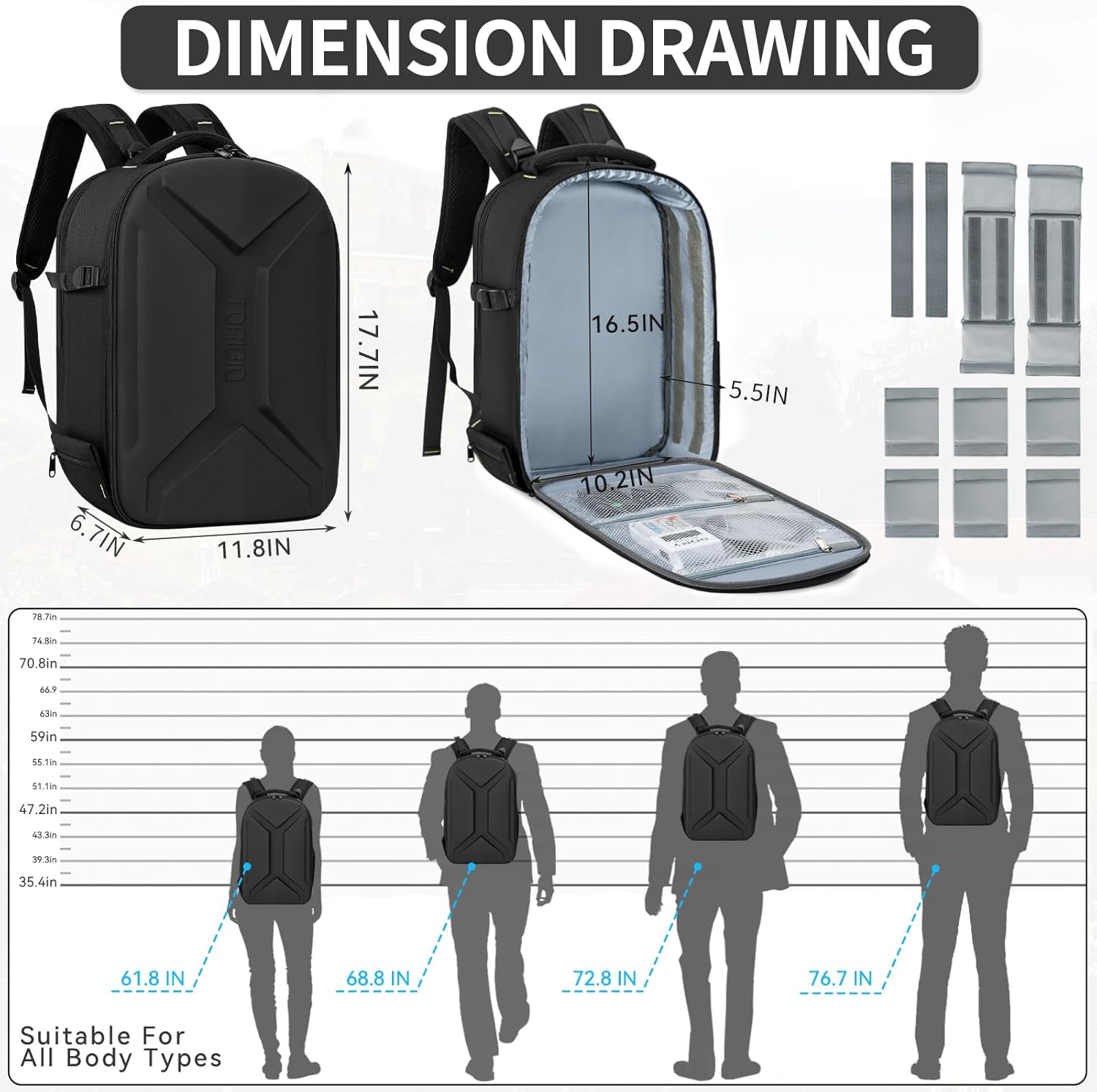 TORIBIO Camera Backpack, Hardshell DSLR Photography Camera Bag, Waterproof Hard Shell Camera Case with Tripod Holder & 15.6" Laptop Compartment Compatible with Canon/Nikon/Sony/DJI Mavic Drone - Image 5