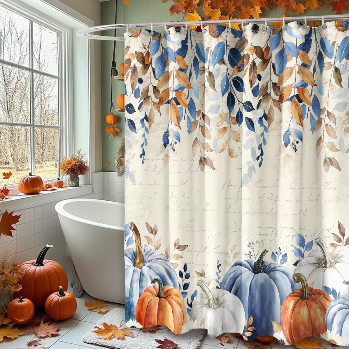 Fall Shower Curtain 72x72 Inch Autumn Pumpkin Shower Curtains for Bathroom with Hooks Thanksgiving Bathroom Home Bath Decor Waterproof Fabric