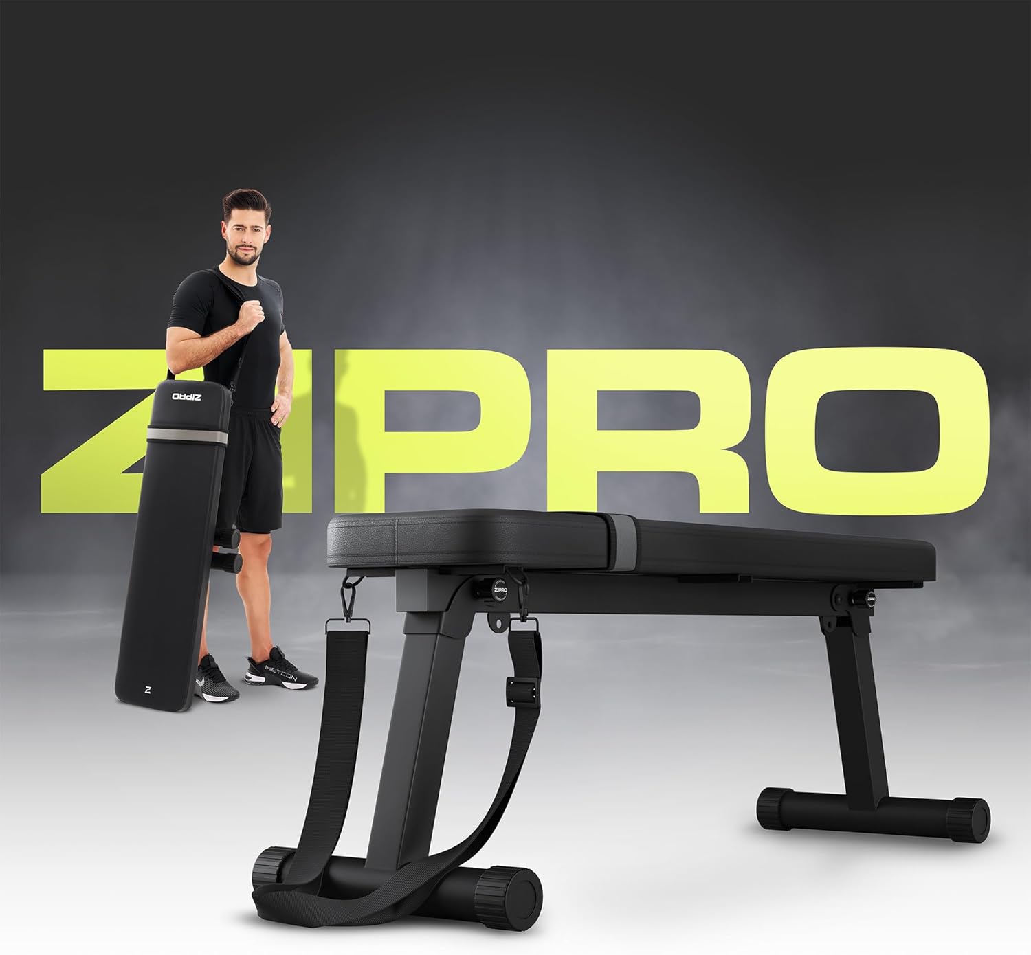 A person carrying the folded Zipro Plank weight bench using its strap.