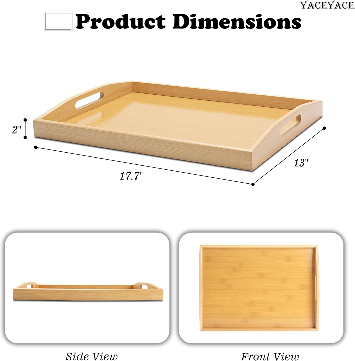 Large Tray for Ottoman Coffee Table, 17.7"x13"x2" Large Bamboo Serving Tray with Handle, Trays for Home Decor, Bathroom,Breakfast, Dining
