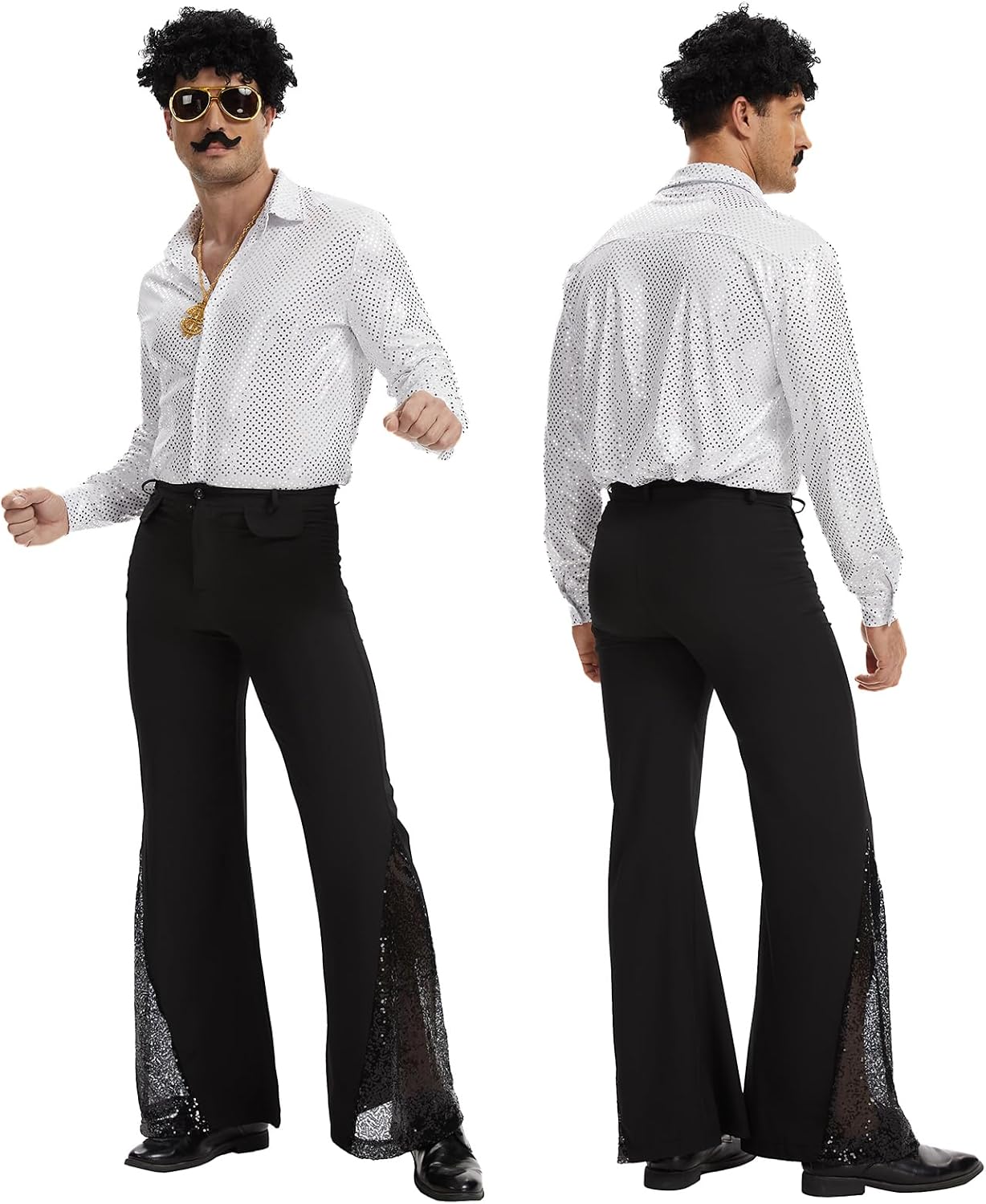 6 Pcs 70s Disco Outfit Costume for Men Dance Bell Bottom Pants Retro Shirts Moustache Sunglasses Wigs Necklace