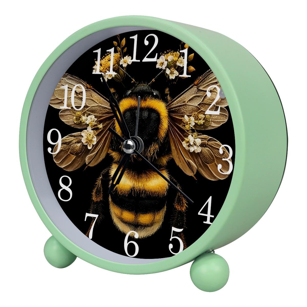 Luoweisi Alarm Clock Bee and Flowers, Silent Non-Ticking with Night Light, Round Metal Alarm Clock for Office, Battery Operated, Bedroom, Elderly, Adults, Children, Student Gifts