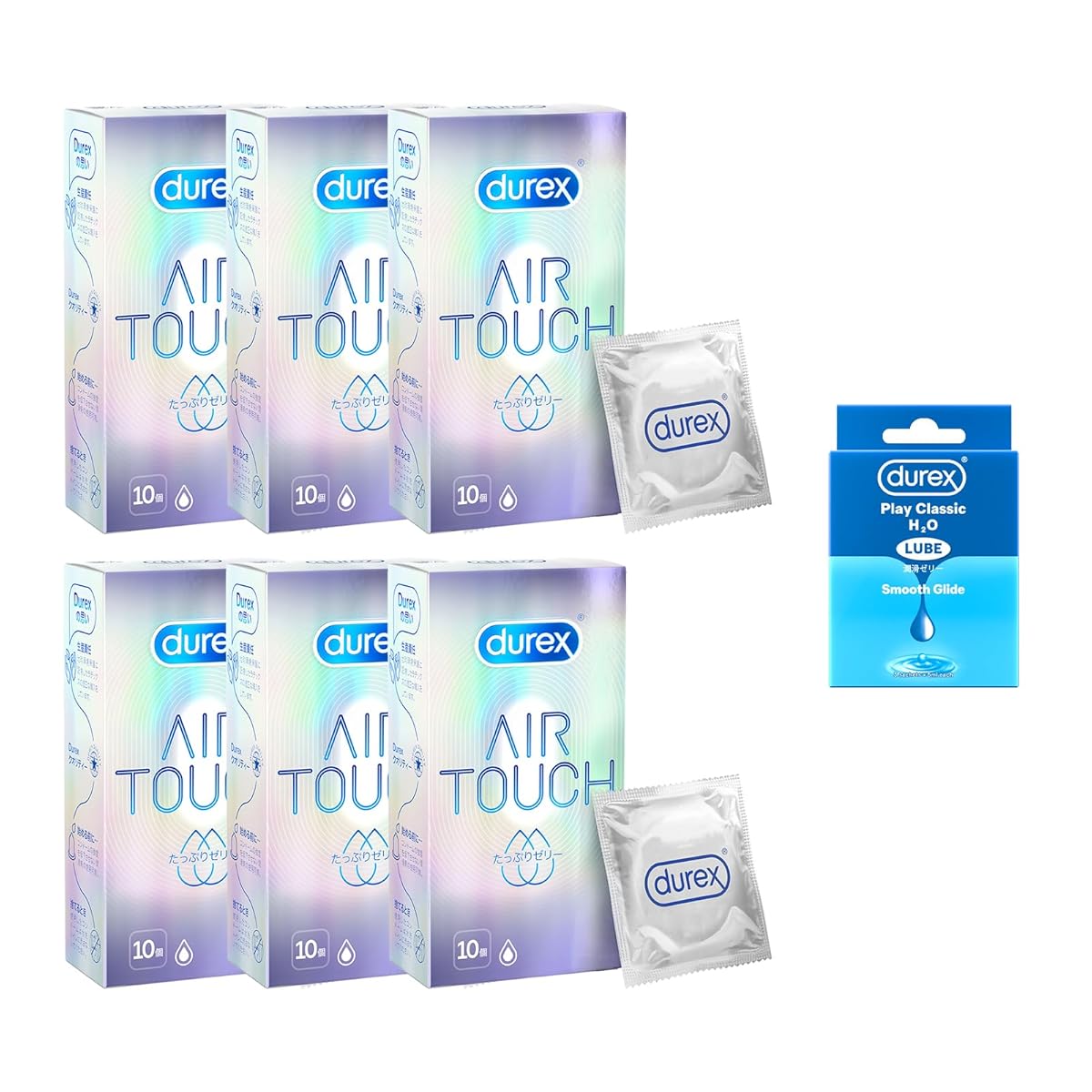 Durex デュレックス コンドーム エアタッチ たっぷりゼリー 10個入 6箱 ラテックス製 こんどーむ + 試供品付き(デュレックス 潤滑ゼリー フィール 5mL 3個入り)