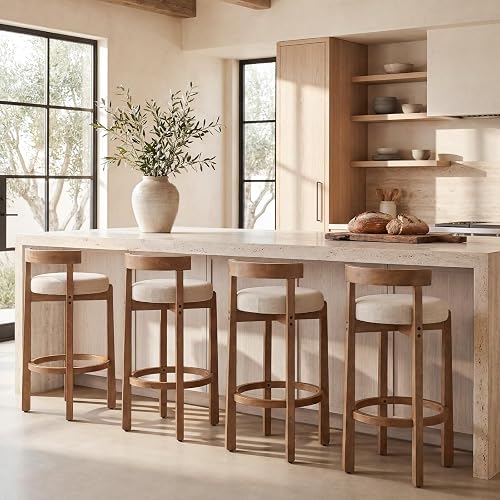 HNY Modern Linen Bar Stools Set of 4, Upholstered 30" Bar Height Barstools with Natural Wood Legs Mid Century Round Kitchen Stools with Low Back Footrest for Dining Room Cafe, Beige