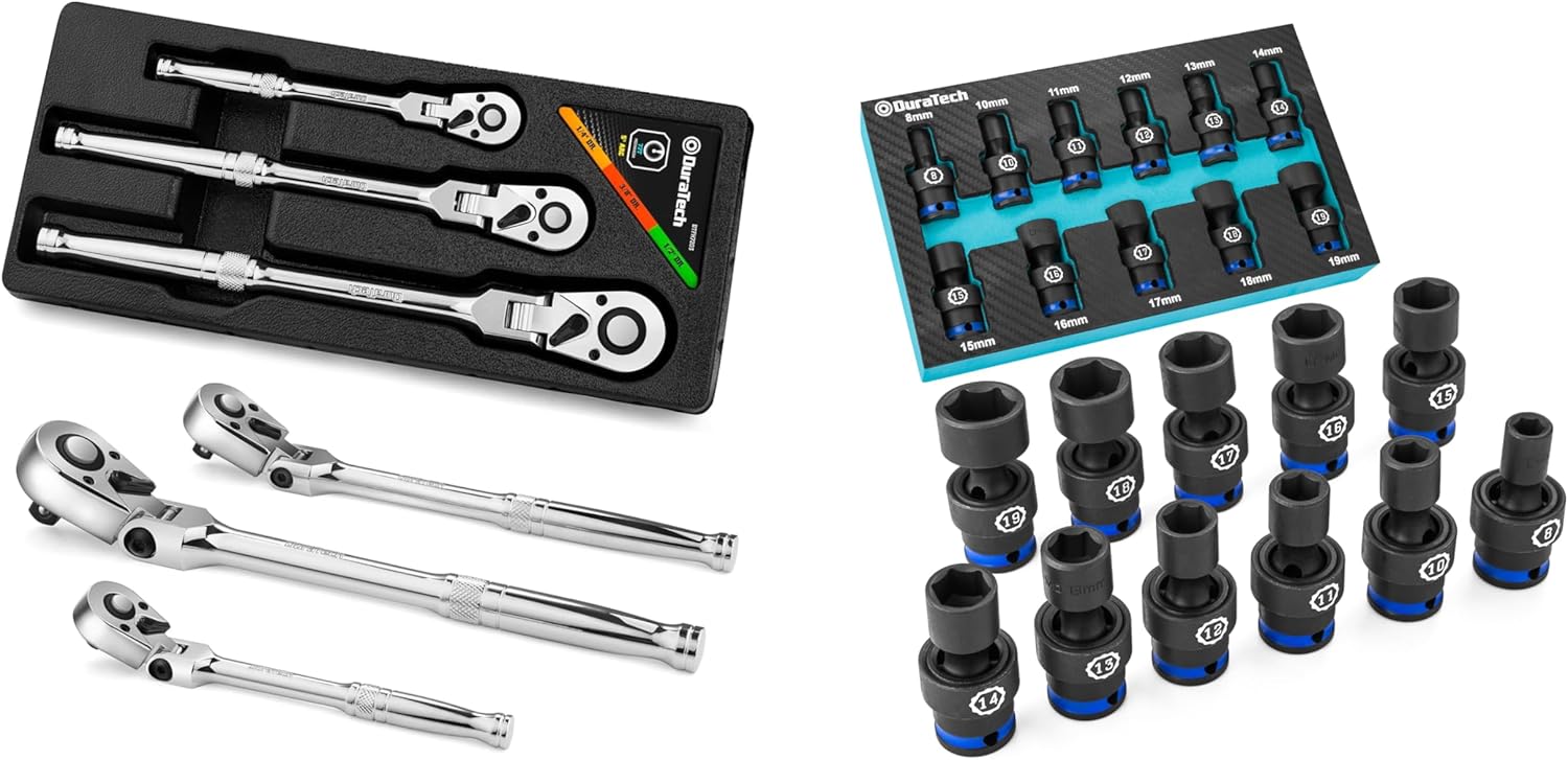 DURATECH 3-Piece Flex-Head Ratchet Set&3/8" Drive Impact Universal Joint Socket Set
