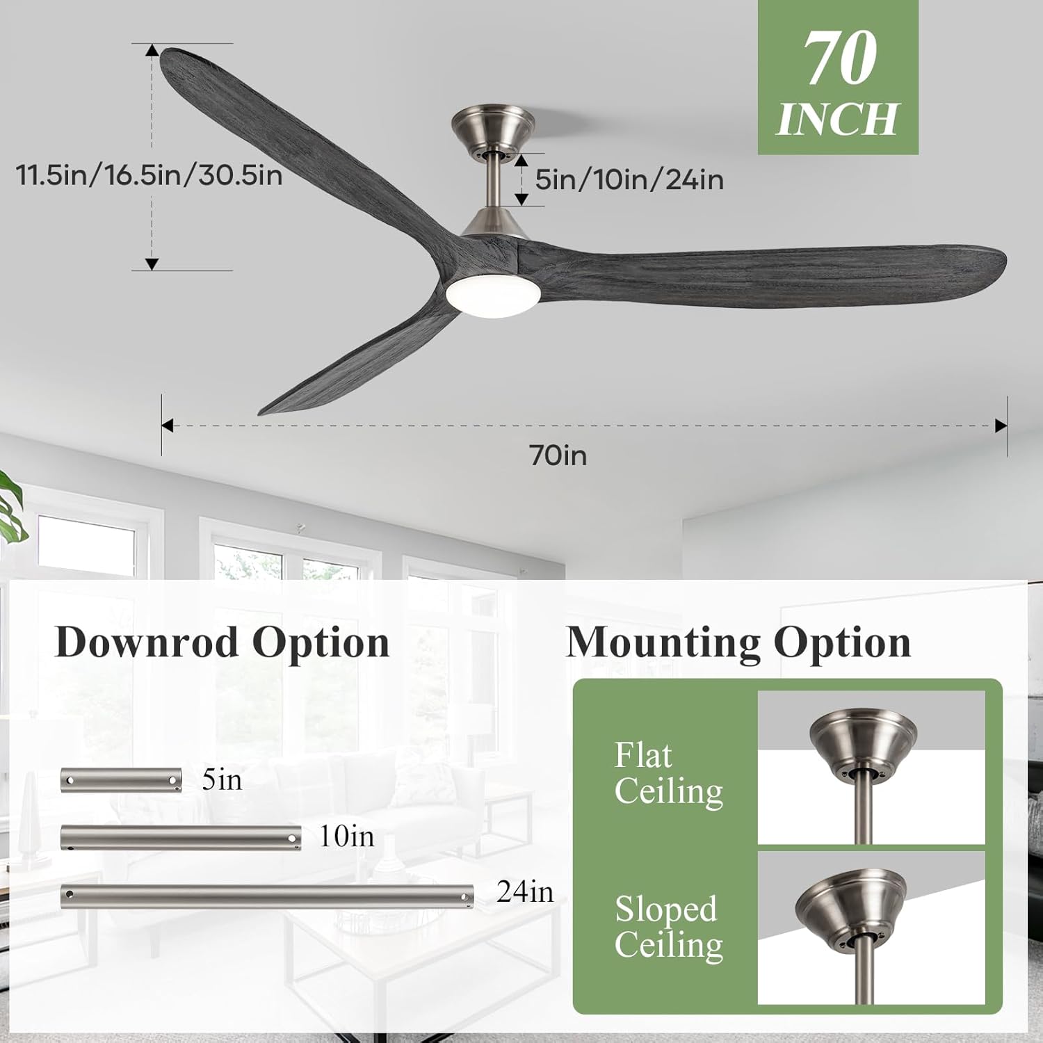 70 Inch Smart Outdoor Ceiling Fan with Lights, Unique Grey-Nickel Wood Blades, Alexa/App/Remote/Control, High CFM Silent Energy-Saving DC Motor, for Modern Farmhouse, Patio, Porch, Garage