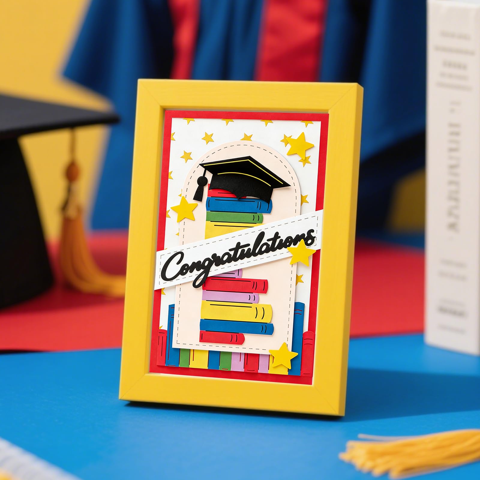 INFUNLY 16 fustelle da taglio a forma di libro con scritta "Happy Graduation", stencil per goffratura, in acciaio al carbonio, con stelle, per fai da te, scrapbooking, artigianato, forniture