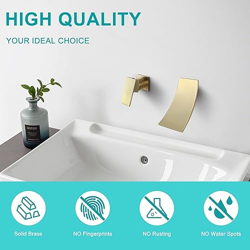 Miniatura 7 de SKOWLL Grifo de fregadero de baño de montaje en pared de una sola manija, juego de grifo moderno de cascada de oro cepillado, boquilla de cascada
