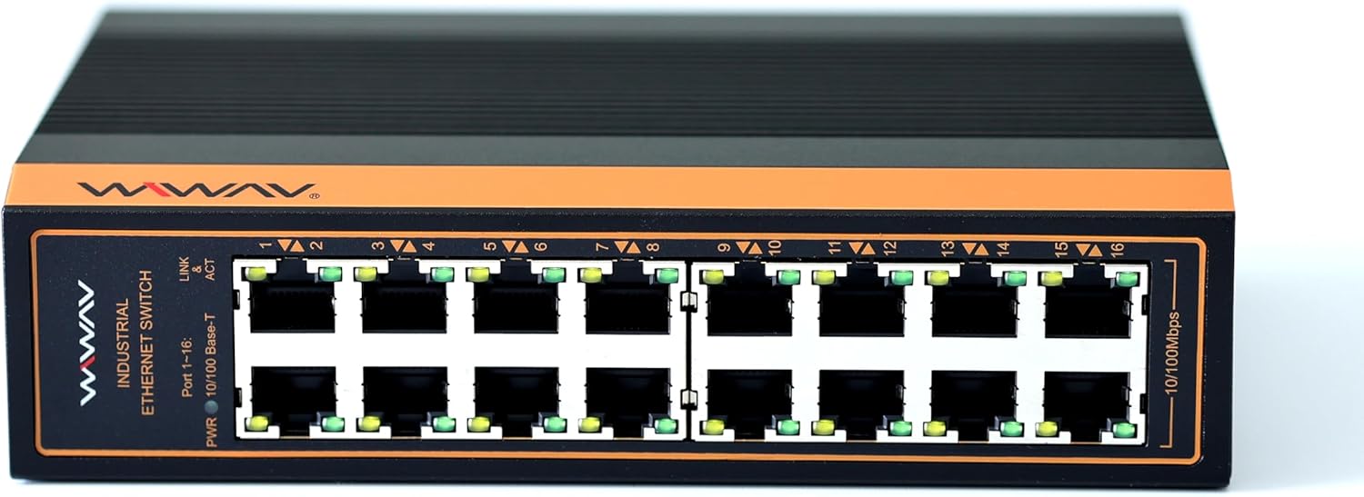 WIWAV W1016-16FE-I 10/100Mbps Unmanaged 16-Port Industrial Ethernet Switches with DIN Rail/Wall-Mount (UL Listed, IP40, -40 to 85°C)