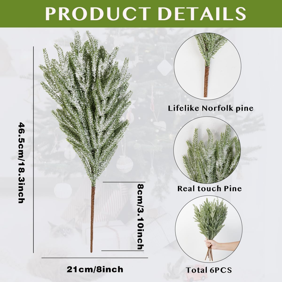 HBell 6Pcs Norfolk Pine Stems,18''Real Touch Artificial Pine Branch Christmas Foliage Picks Tree Filler Branches for Xmas Vase Filler Wreath Garland Home Decor (White)