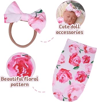 BABESIDE Reborn Baby Doll Blanket with Headband for 17-24 Inch Babydolls, Reborn Baby Doll Accessories Swaddle Blanket Set for Realistic Babydolls Girl, Pink Floral Pattern