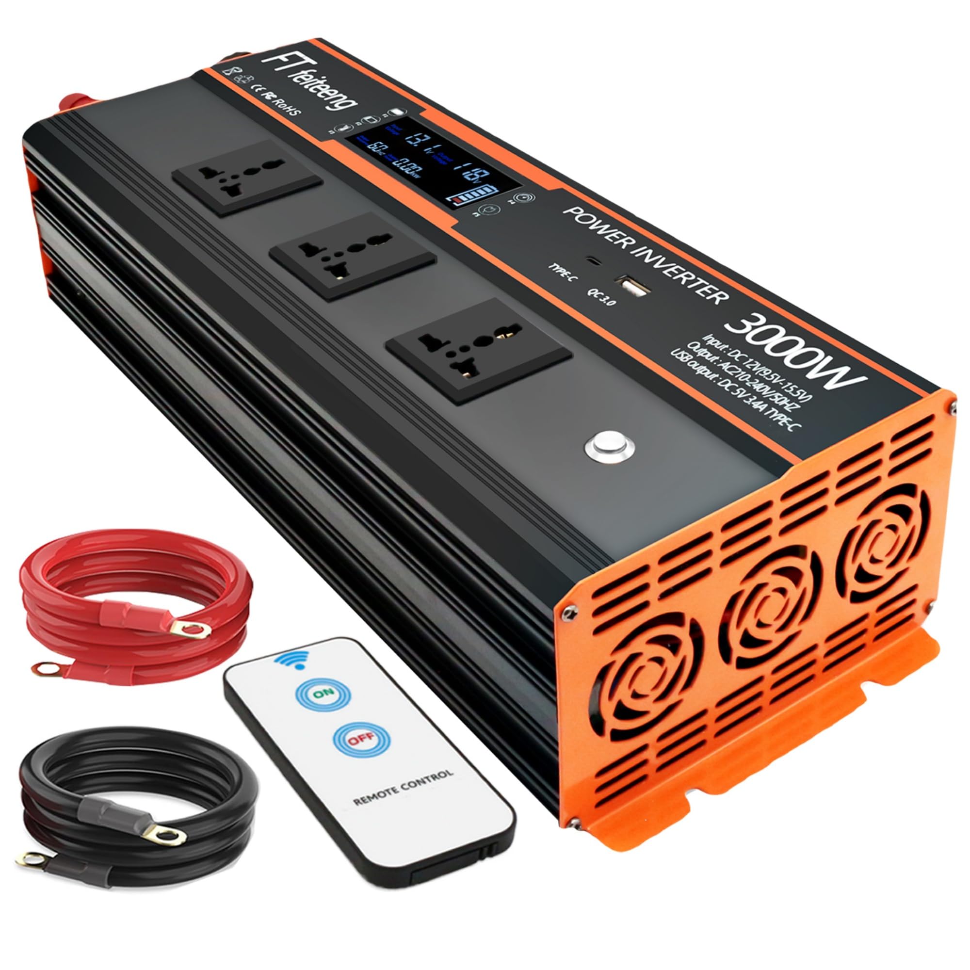 3000W Inverter di potenza da 3000W da 12V a 220V/230V CC a AC, con 2 prese AC, display LCD, telecomando wireless, porte di ricarica USB, adatto per auto, camper e esterni