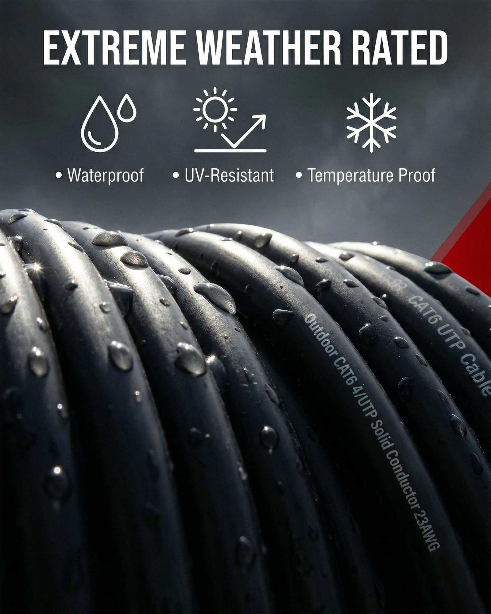 DRIPSTONE CAT6 Direct Burial Ethernet Cable 23AWG Solid CCA UTP, Waterproof HDPE Insulated, Polyethylene (PE) Jacket for Indoor/Outdoor Installations (Black - 1000ft)