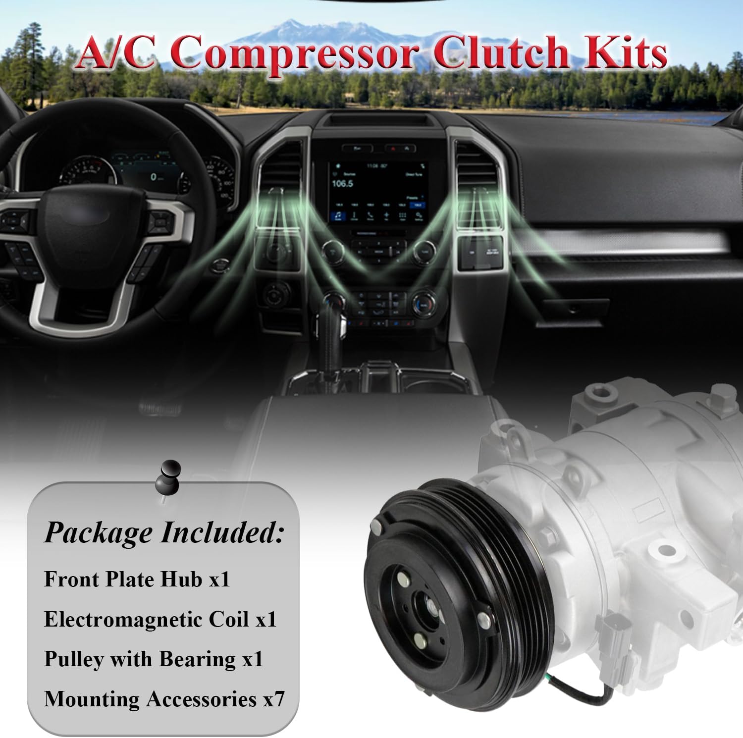 A/C Compressor Clutch Assembly Kit Plate Pulley Bearing Coil CO35113C Replacement for 2014-2017 Ford F-150 8CYL 5.0L, AC Air Conditioning Compressor Clutch Coil Auto Repair Kit