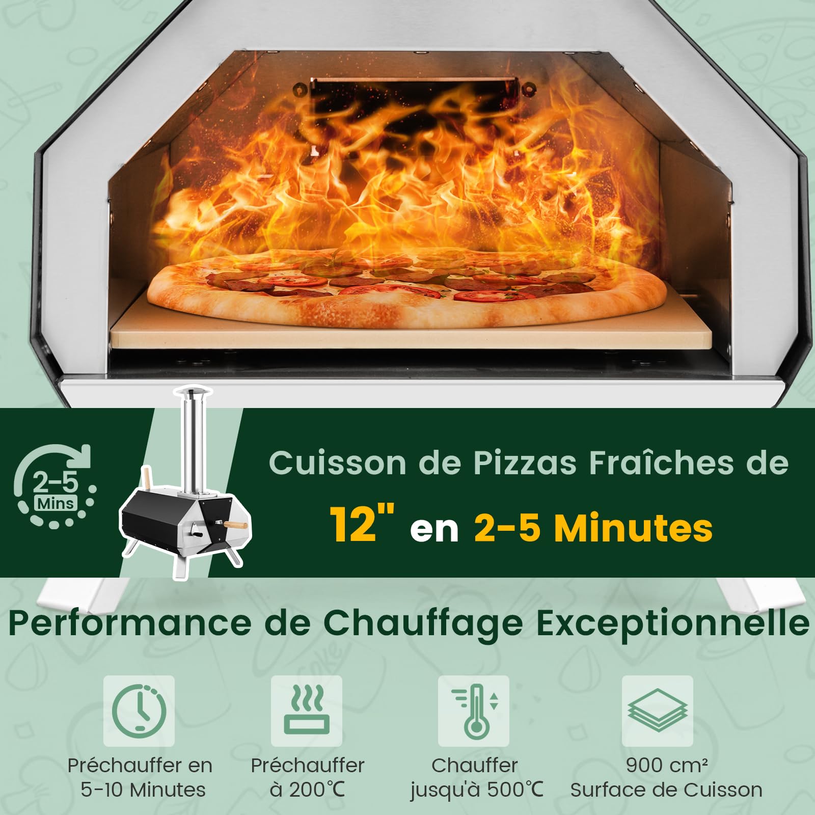 COSTWAY Four à Bois pour Pizza 30,5cm, Four à Pizza Extérieur Portable en Acier Inoxydable avec Pelle Pare-feu Pieds Pliables
