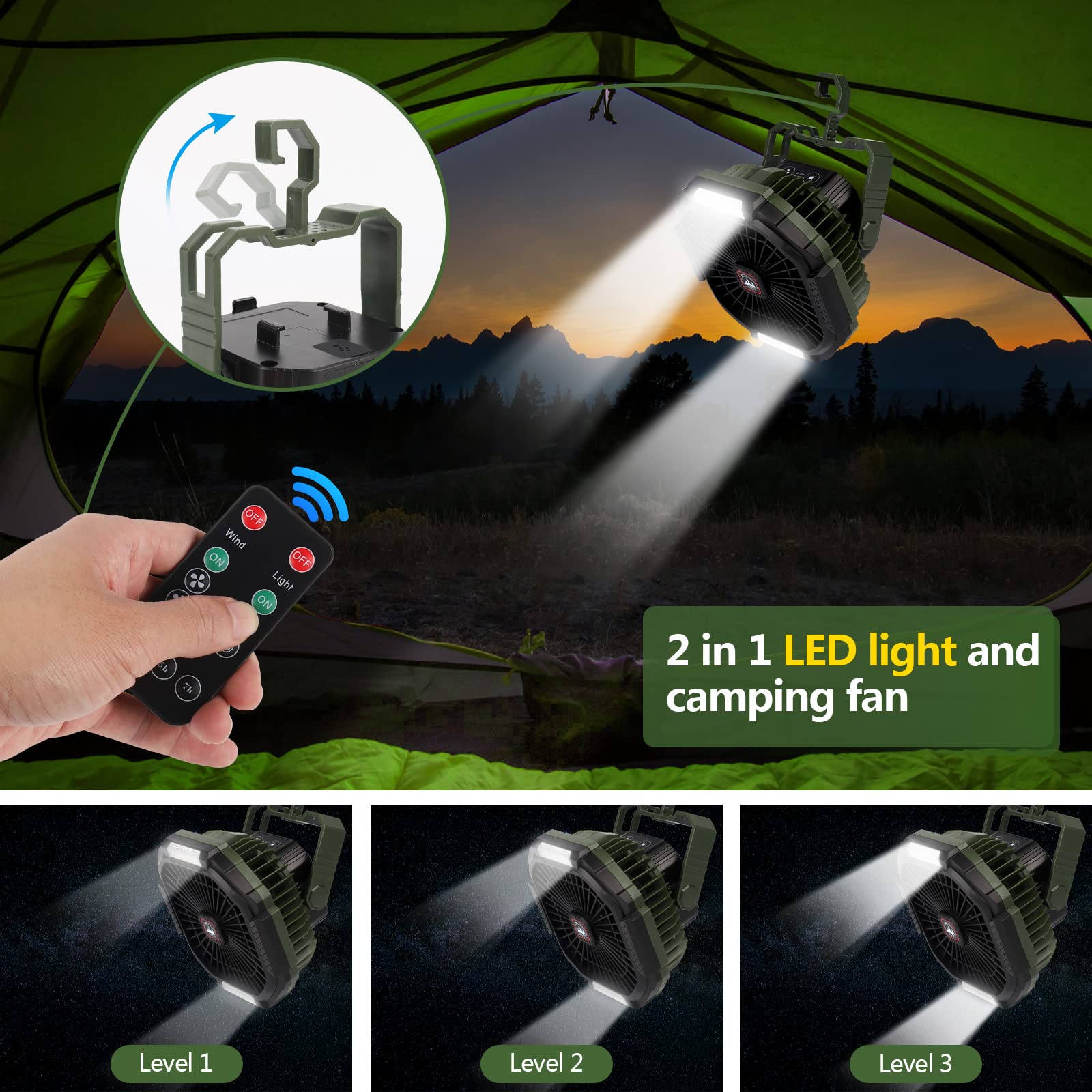 ZWOOS USB Camping Ventilator, 10400mAh Wiederaufladbar Tisch Wand/Leise Ventilator mit 4 Geschwindigkeitsstufen Verstellbaren Tischventilator mit LED-Licht für Outdoor Picknicks, Angeln