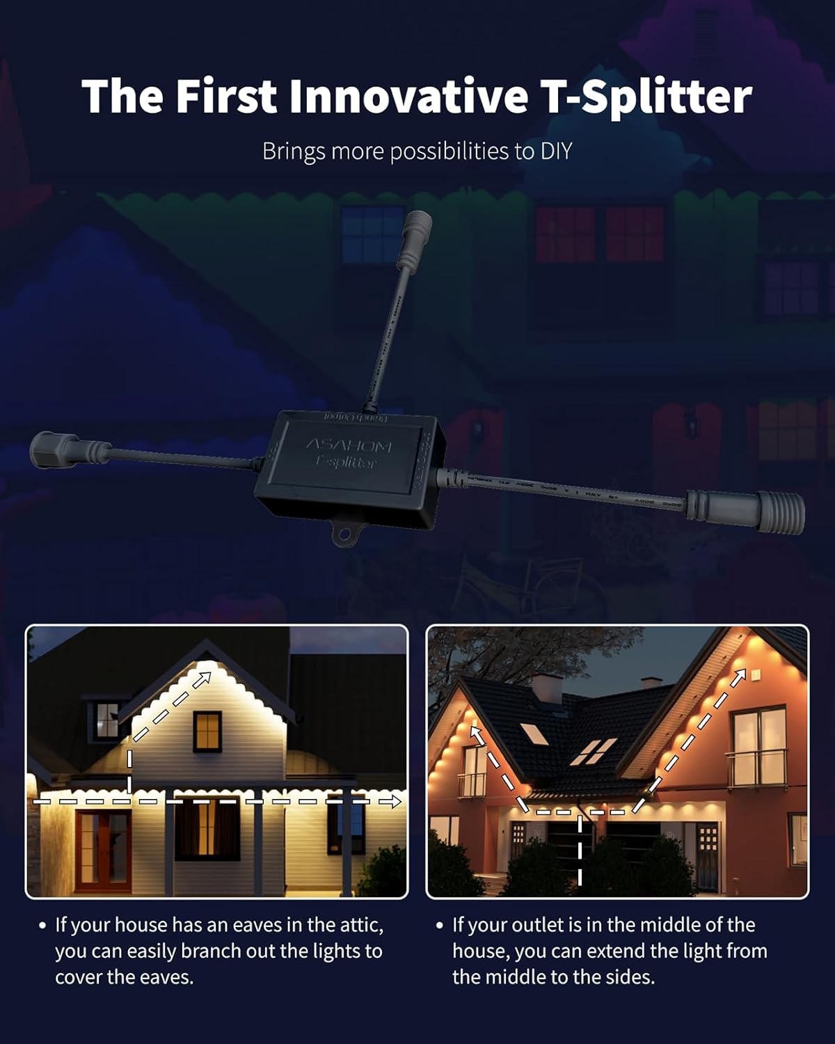 ASAHOM T-Splitter Compatible with Govee Permanent Outdoor Lights/Pro(Model: H705B, H705C, H706A, H706B, H706C) S1050 S1060, T-Splitter for Eufy Permanent Light E120, Black(Type B)