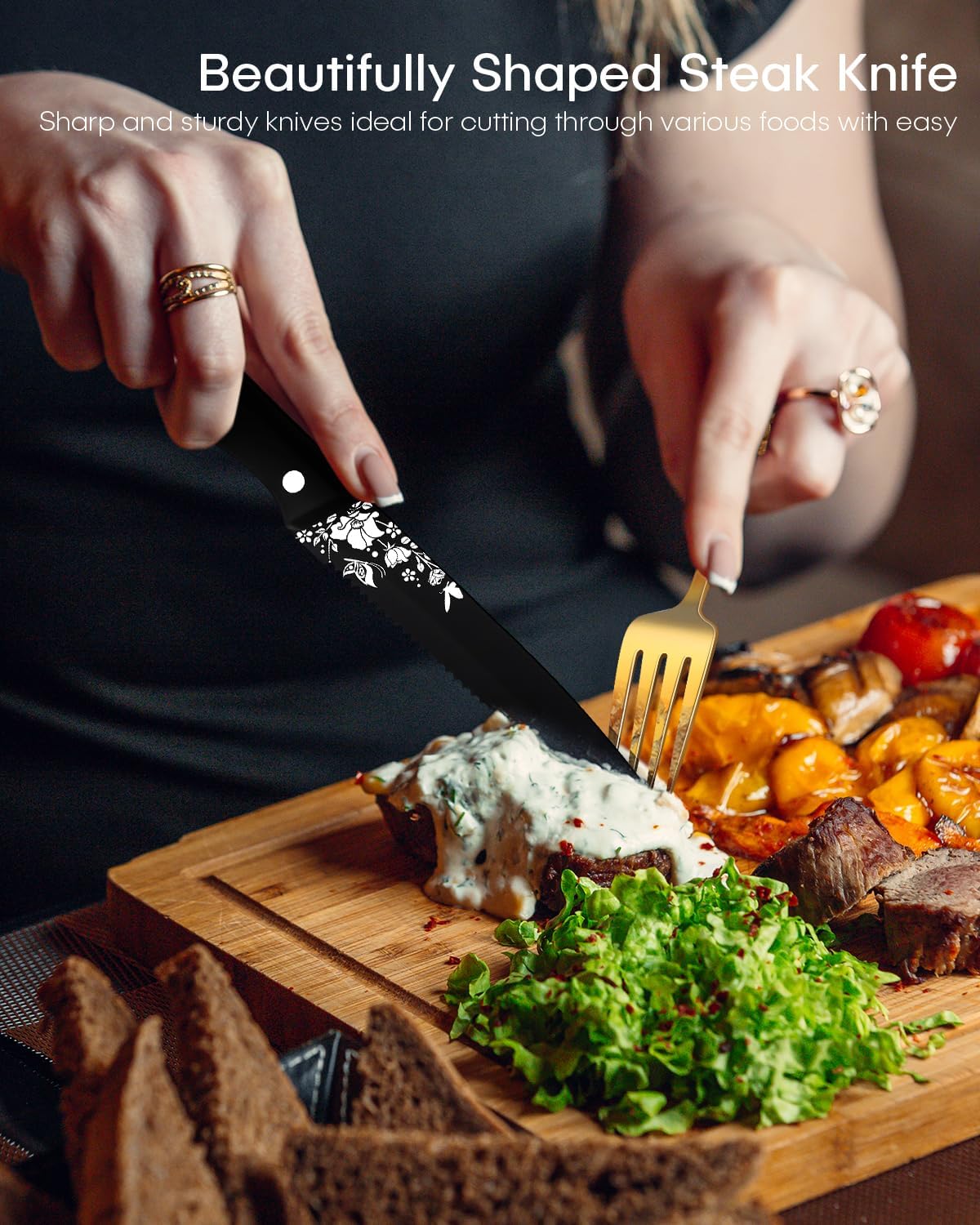 Silverware set with Steak Knives, Ollex 48PCS Retro Royal Flatware Set for 8 with 1pc Box, Food-Grade Stainless Steel Utensil Sets Includes Spoons Forks and Knives, Mirror Finish Dishwasher Safe