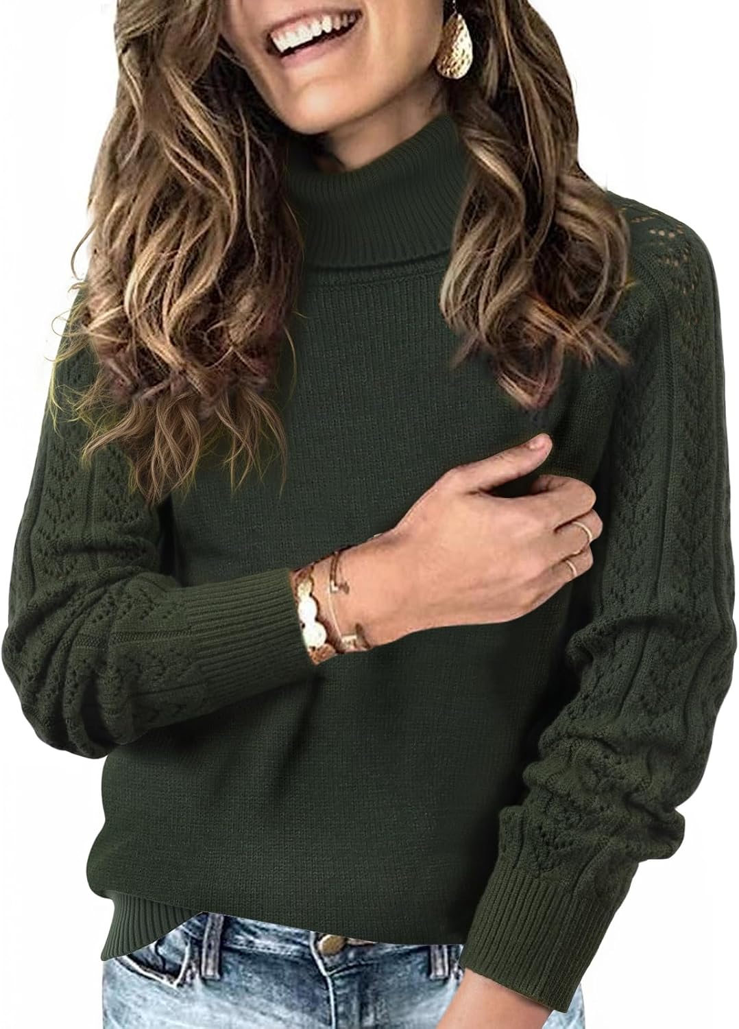 Tanmolo Dames Rollkragen Trui Met Geborduurd Kantwerk Op Mouwen Zacht Gebreid Herfst Winter Dikke warme trui met gewone pasvorm Beige, XL