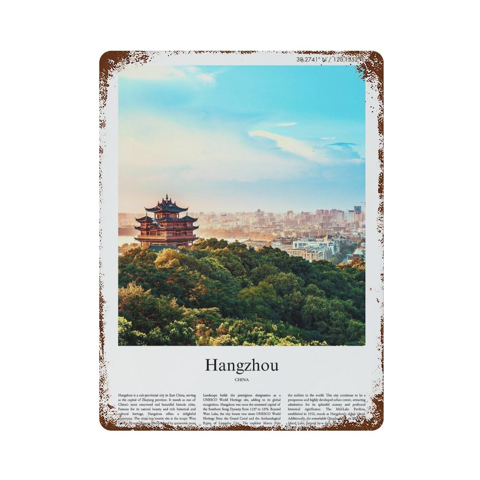 xiaoxiaoshen Hangzhou China City Scenery Wall Decor Art Metal Tin Poster Modern Home Decor Art Home Bar Shop Decorations Vintage Sign 40x30cm