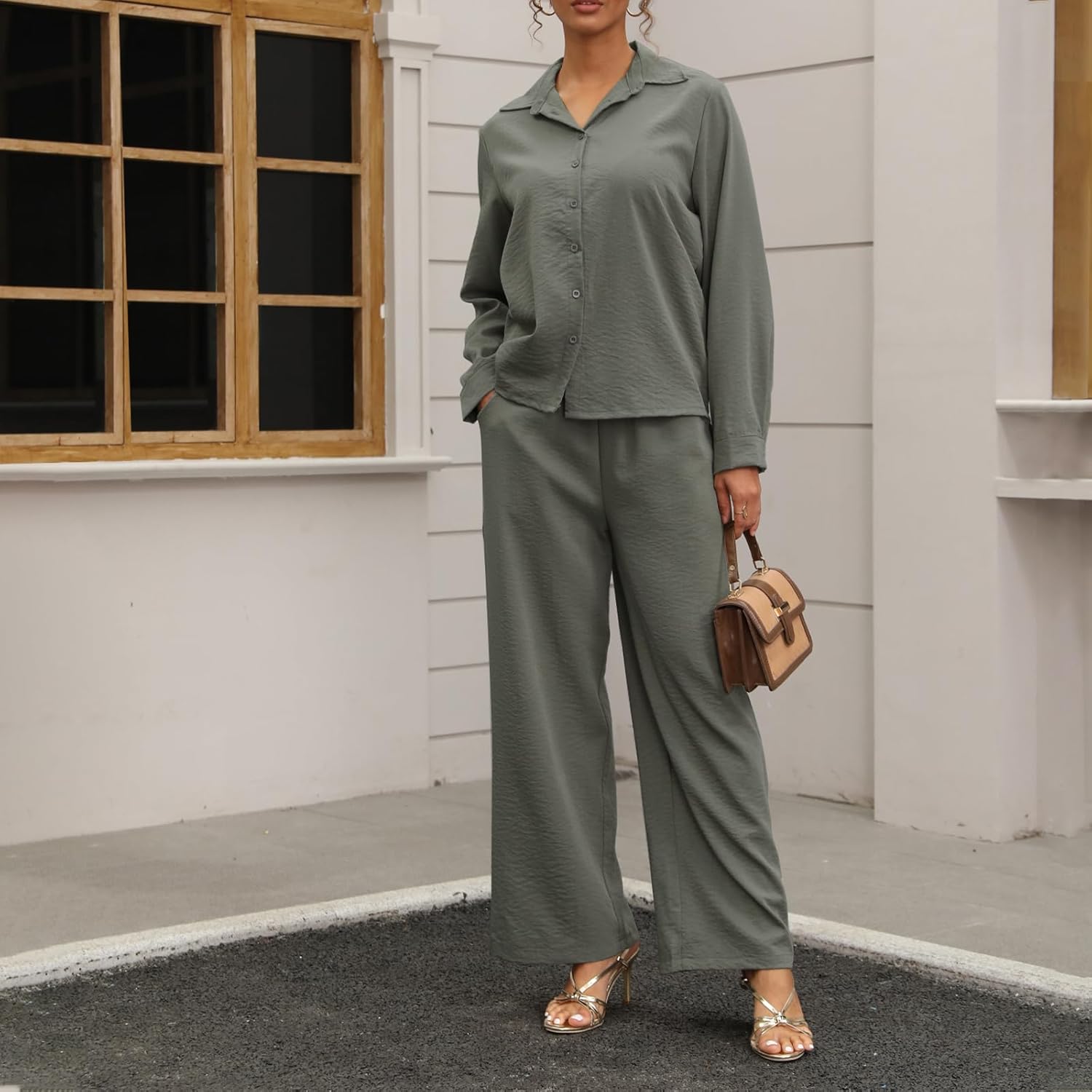 kaimimei Women's Linen 2 Piece Outfits Loungewear Set Button Down Shirt Wide Leg Pants with Pockets Comfortable Casual - Image 2