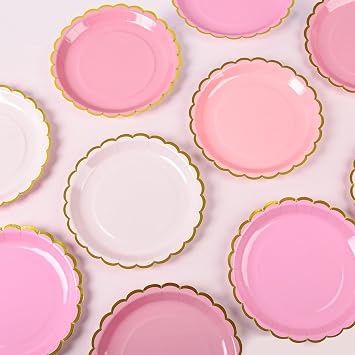 AimFun 24 Pcs Pink and Gold Scalloped Paper Plates 9inch
