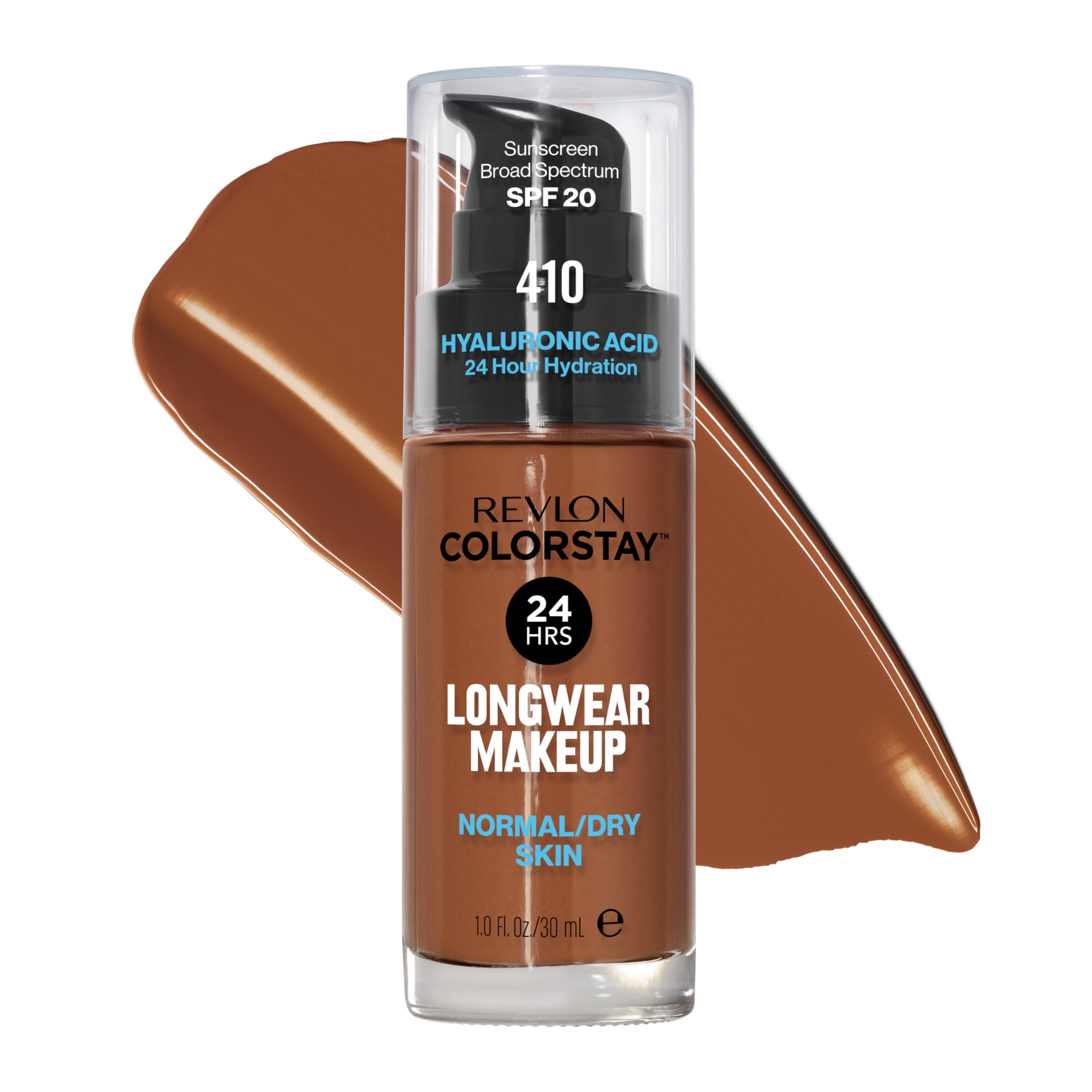 Revlon Liquid Foundation, ColorStay Face Makeup for Normal & Dry Skin, SPF 20, Longwear Medium-Full Coverage with Natural Finish, 410 Cappuccino, 1 fl oz