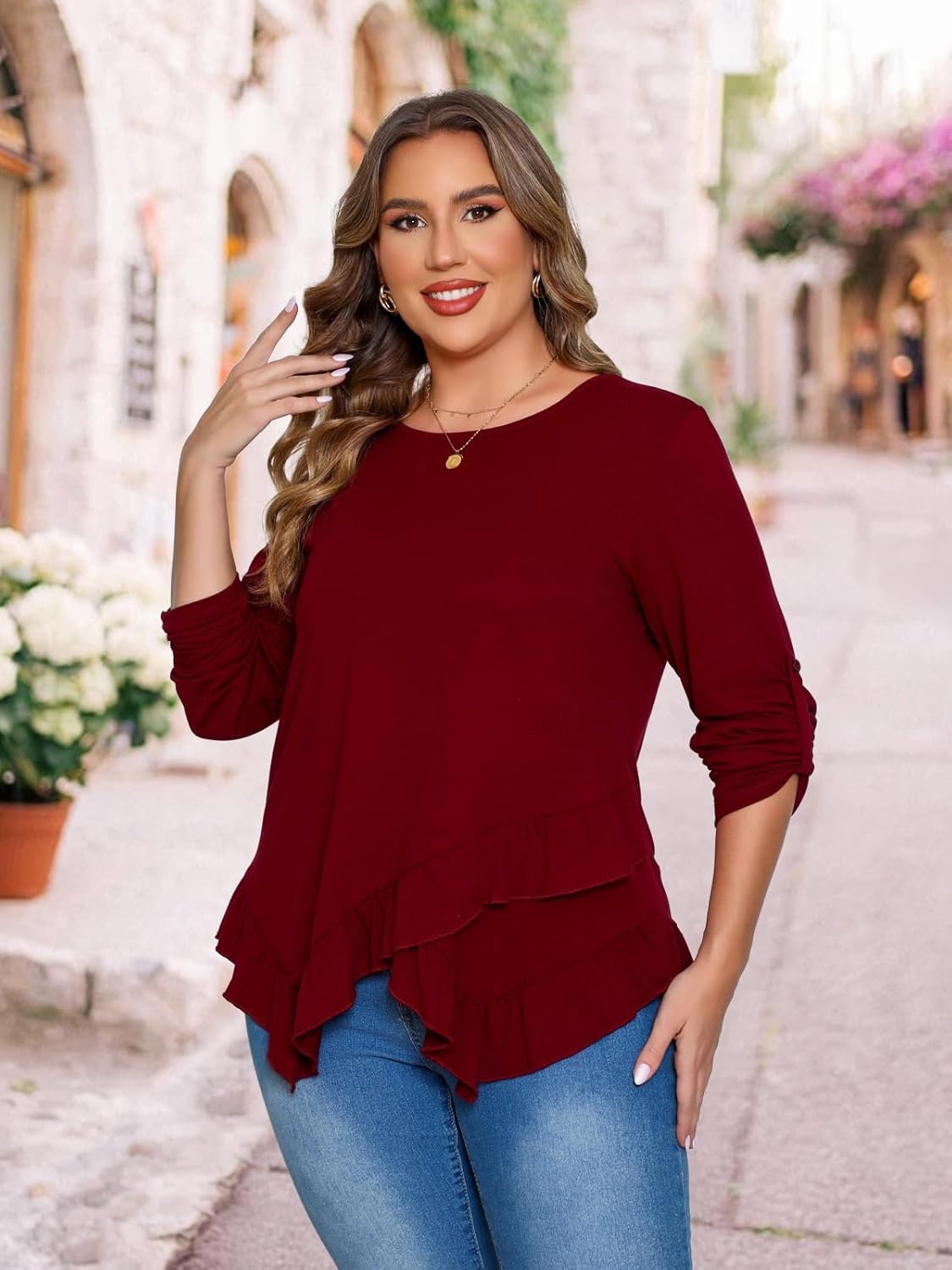 Beauhuty Womens Plus Size Tops Ruffled Hem Tunic Roll Up Sleeves Crew Neck T-Shirts Casual Flowy Dressy Blouses - Image 4