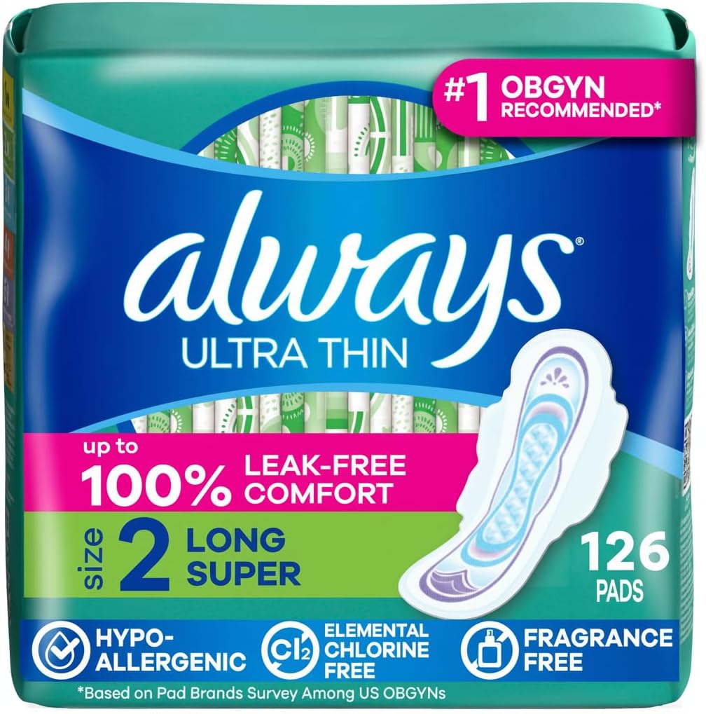Always Ultra Thin Pads with Wings, Size 2, Long Super, 126 Count (3 Packs of 42)