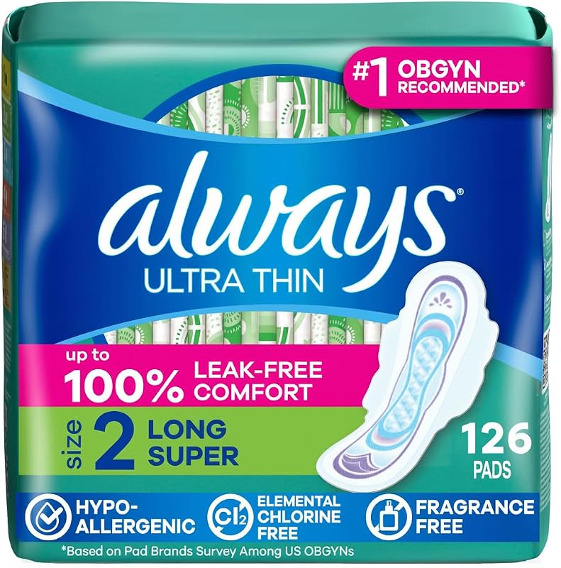 Always Ultra Thin Pads with Wings, Size 2, Long Super, 126 Count (3 Packs of 42)