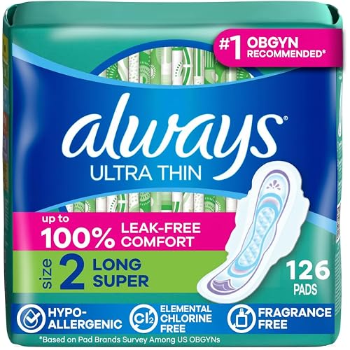 Always Ultra Thin Pads with Wings, Size 2, Long Super, 126 Count (3 Packs of 42)