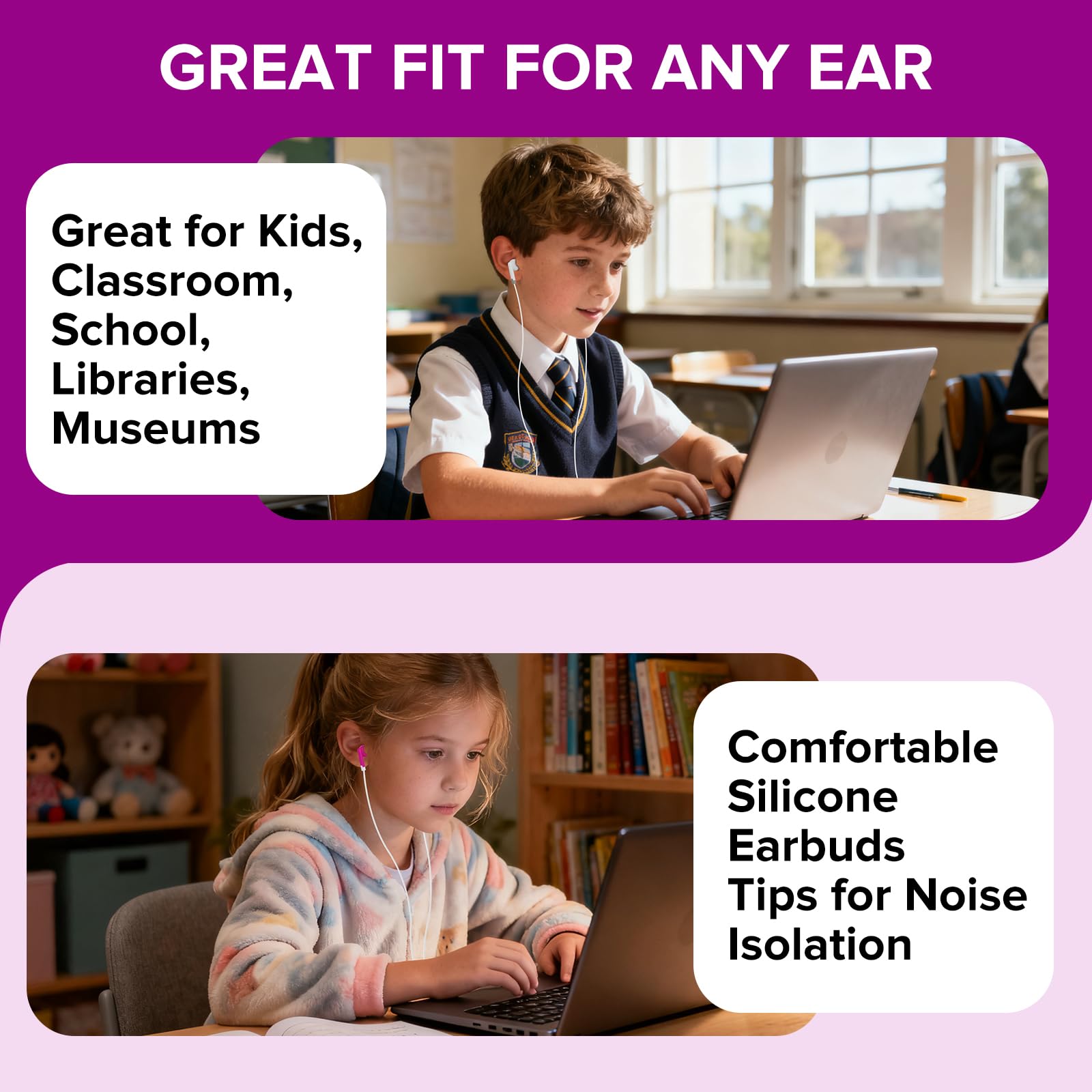 Confezione da 50 auricolari per bambini, per scuola, scuola, biblioteca, studenti, bambini, ragazzi, ragazze, adulti, multicolore, confezionati singolarmente, jack da 3,5 mm (YS001)
