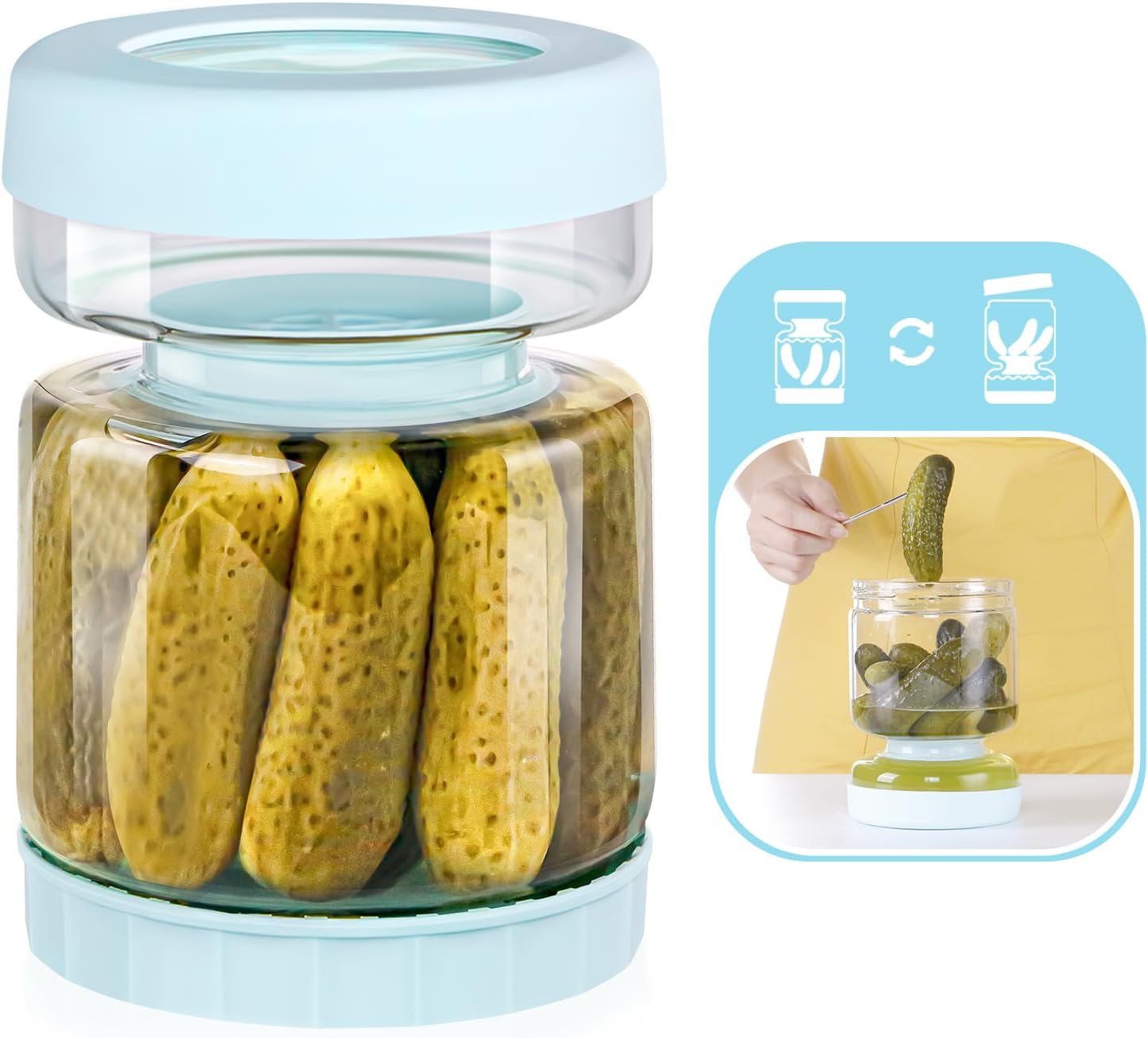 Luvan Pickle Jar, 51oz Glass Pickle Container with Strainer Flip Hourglass,Large Pickle Juice Separator Jar for Olive,Jalapeno,Gherkin,Multifunction Pickle Strainer Storage Container Holder for Fridge