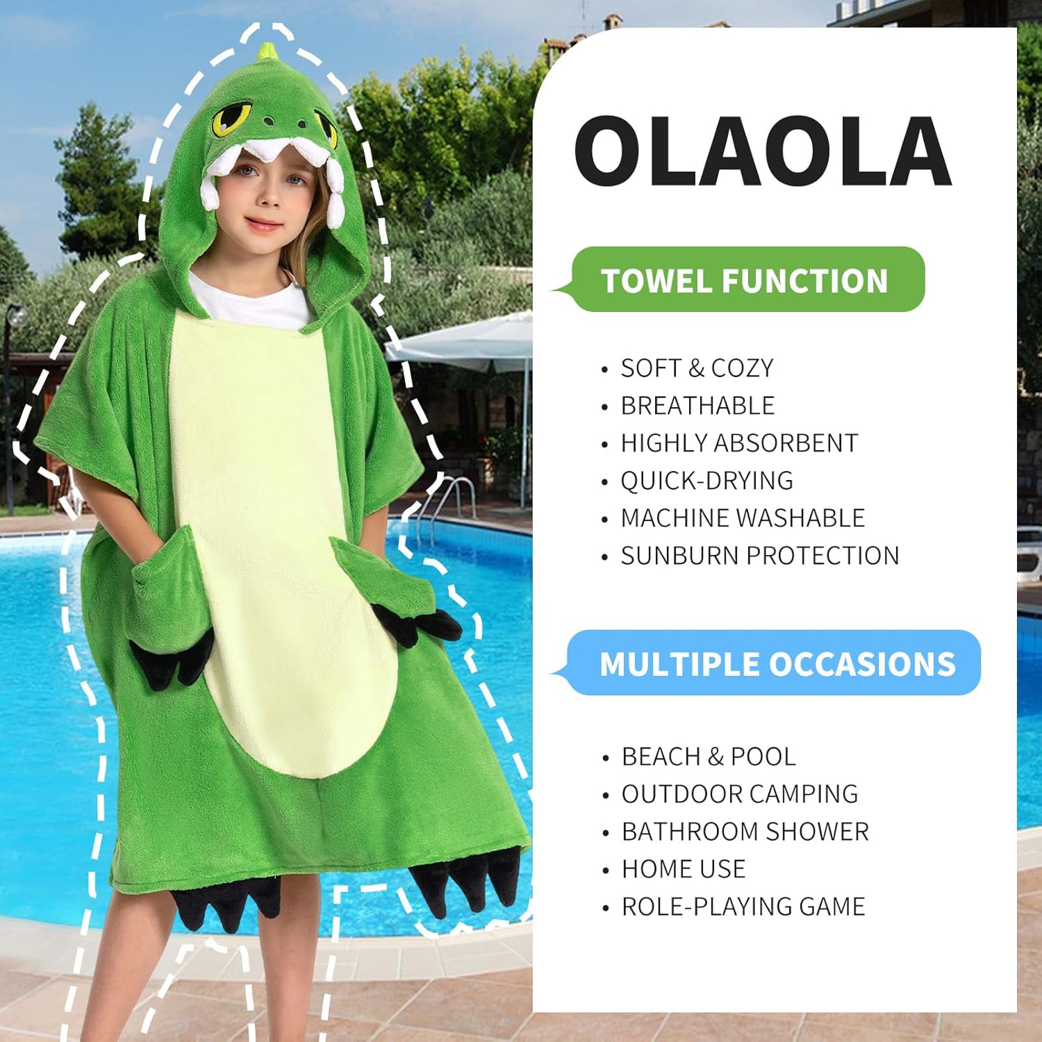 OLAOLA Dinosaur Hooded Kids Beach Towels for 3-12 Years Boys Girls, Soft Absorbent Kids Hooded Bath Towel Wrap, Toddler Pool Swim Towel with Hood