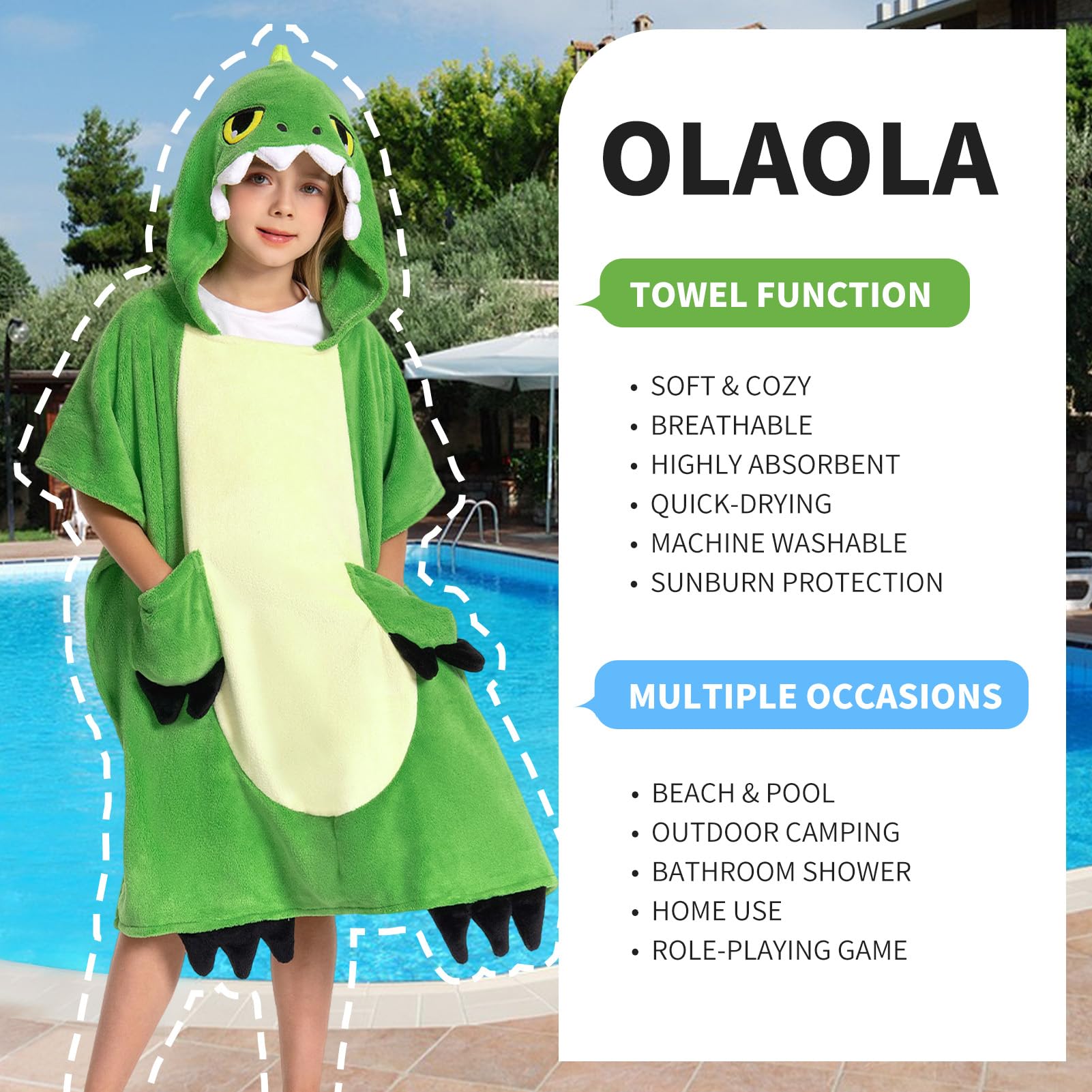 OLAOLA Kids Poncho Towel Hooded Beach Changing Robe Children Absorbent Bath Towels Swimming Wrap for Boys Girls 3-12 Years, Dinosaur - Image 3