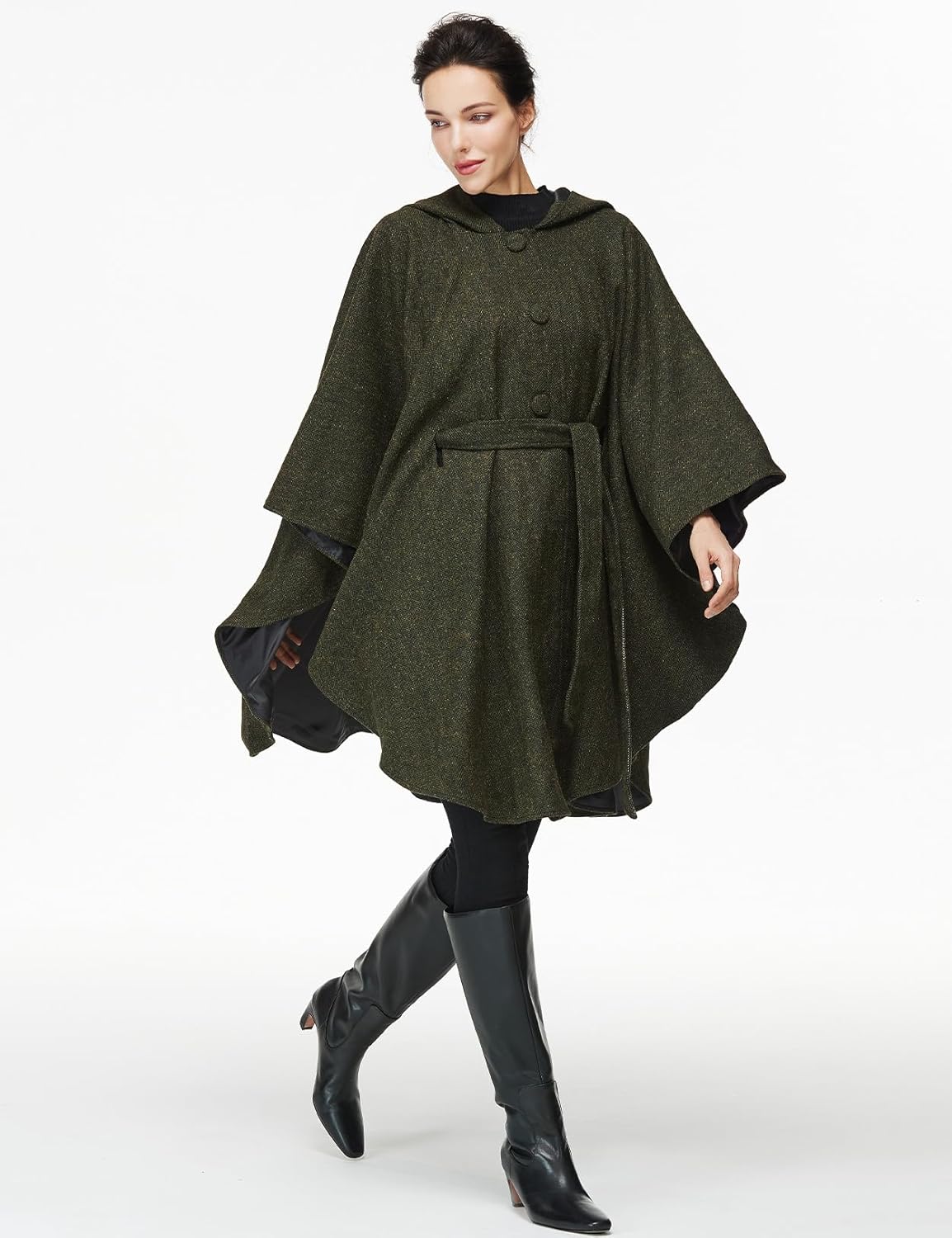 Women Wool Cape Coat with Hood Sleeveless Belted Cloak Cape Poncho for Fall Winter - Image 4