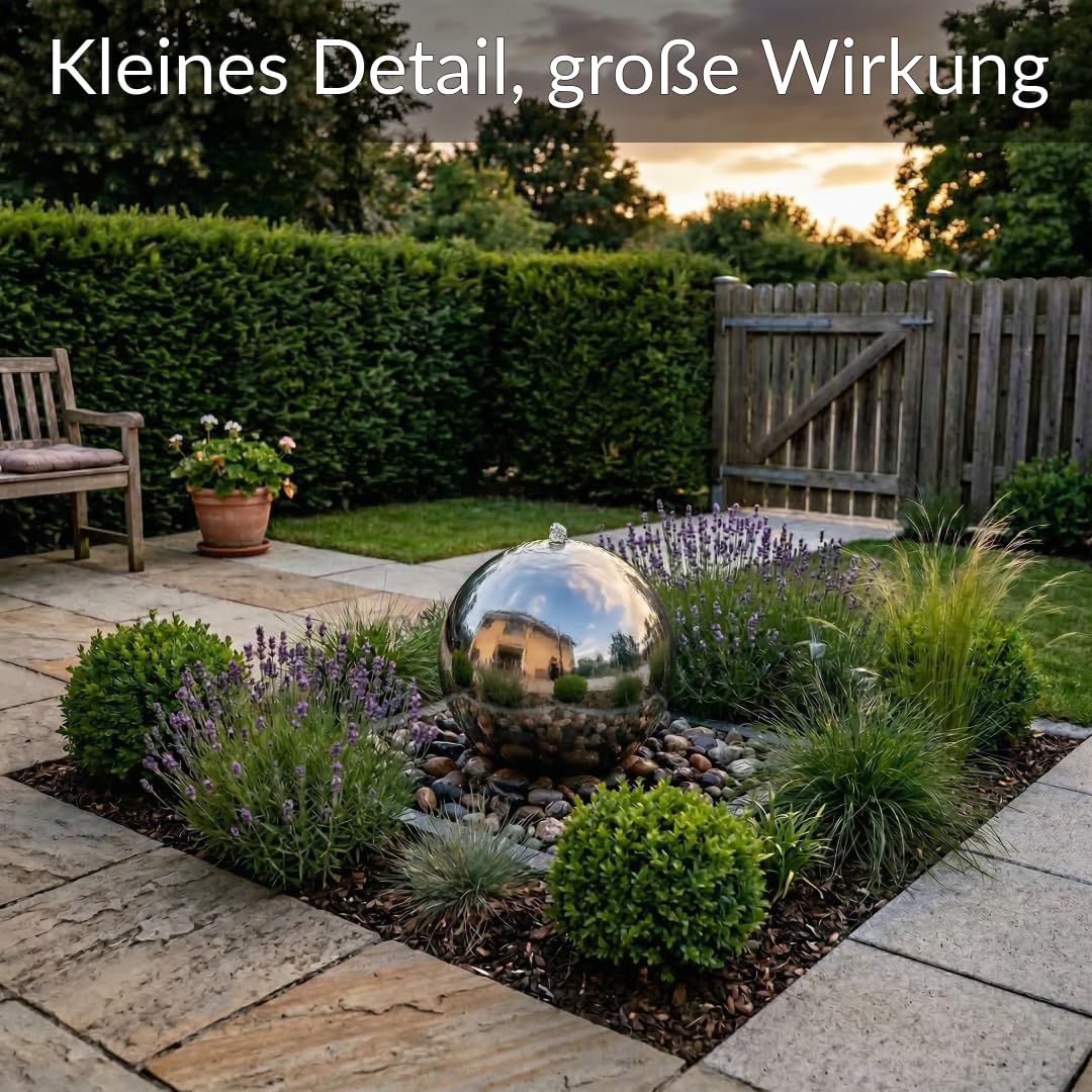 Kugelbrunnen aus Edelstahl D: 30 cm – Edelstahlkugel glänzend für Gartenbrunnen, Wasserspiel Garten, 30 mm Lochbohrung, 1/2 Zoll Schlauchanschluss, Edelstahlbrunnen für DIY Brunnenanlagen