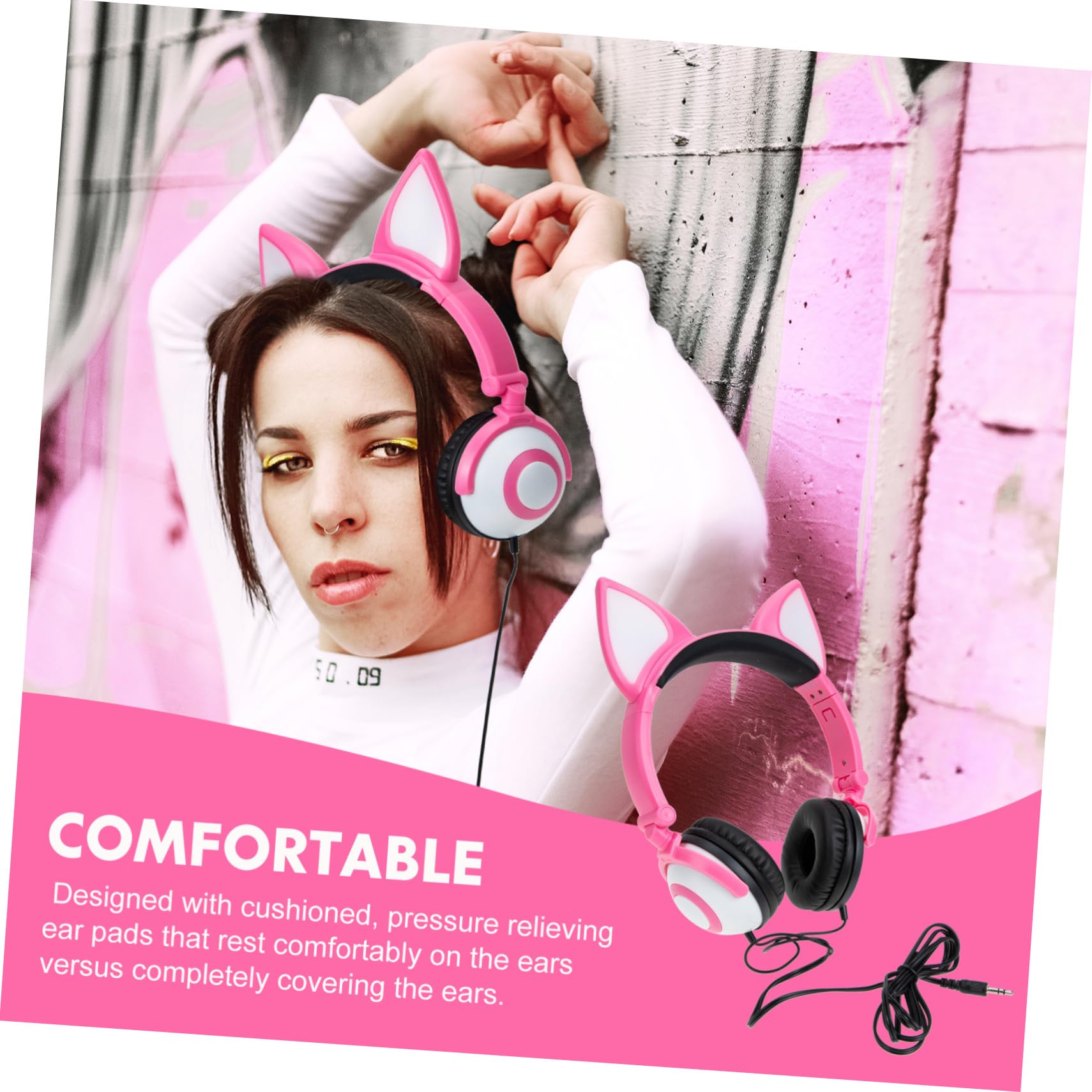 DOITOOL Cuffie On-ear a Orecchie di Gatto Rosa per Bambini | Pvc, Jack 3, 5mm Spinotto Dritto, Driver 40mm e Batteria a Bottone da 180 Mah