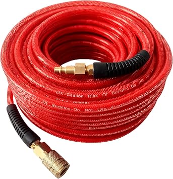 Air Hose 1/4 in x 100 ft, PolyurethanePU, Reinforced Air Compressor Hose, Lightweight, Kink Resistant with 1/4 Industrial High Flow Quick Coupler and Plug, Bend Restrictors,300 PSI Red, 100FT